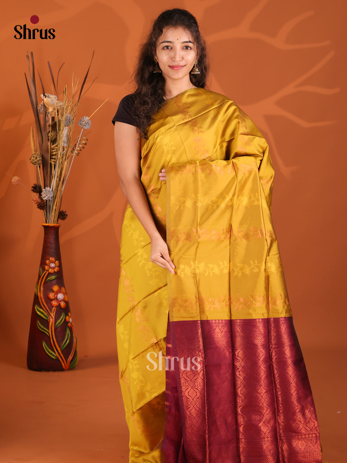 Mustardy Green & Maroon - Semi Softsilk Saree - Shop on Shrus.com