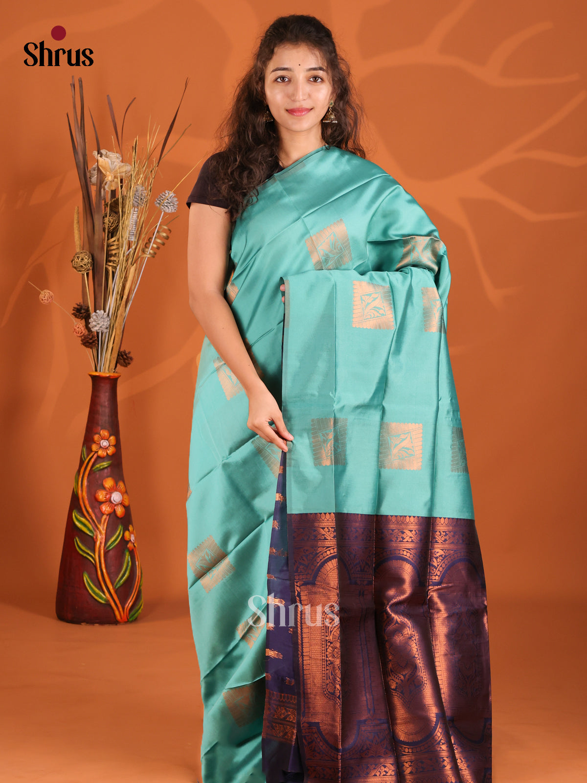 Teal & Blue- Semi Softsilk Saree - Shop on Shrus.com
