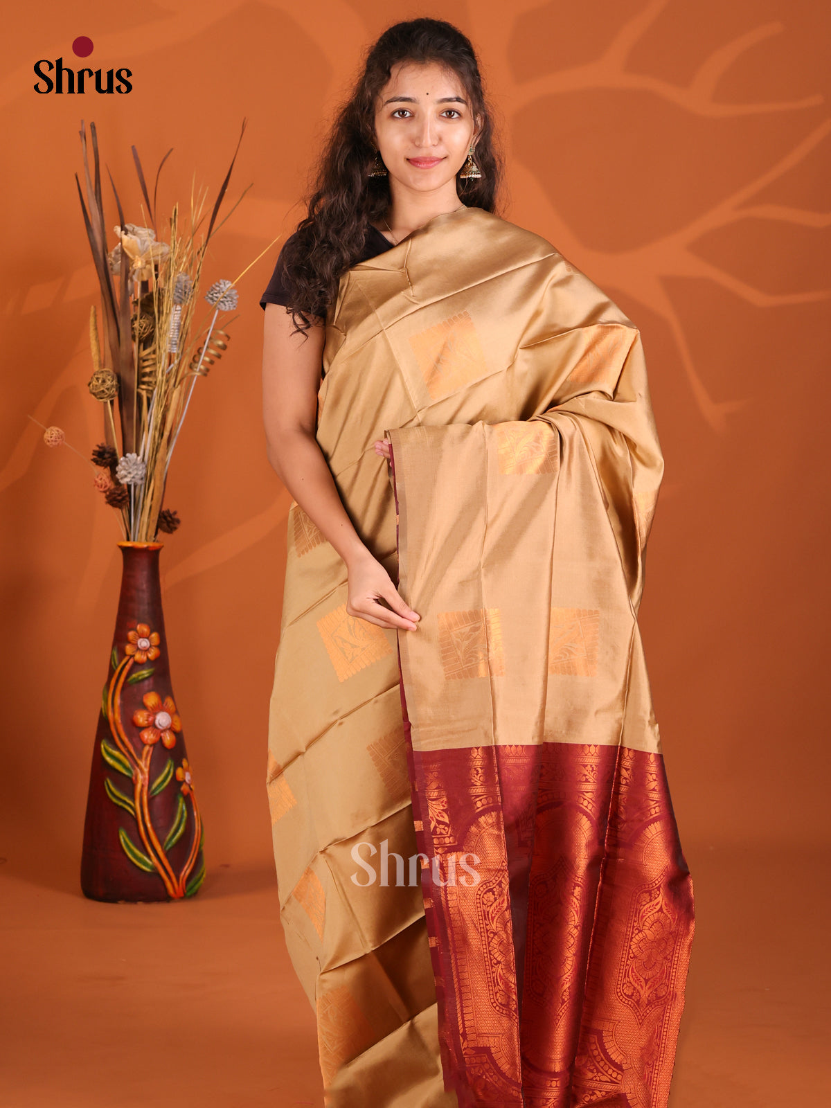 Dull Gold & Maroon - Semi Softsilk Saree - Shop on Shrus.com