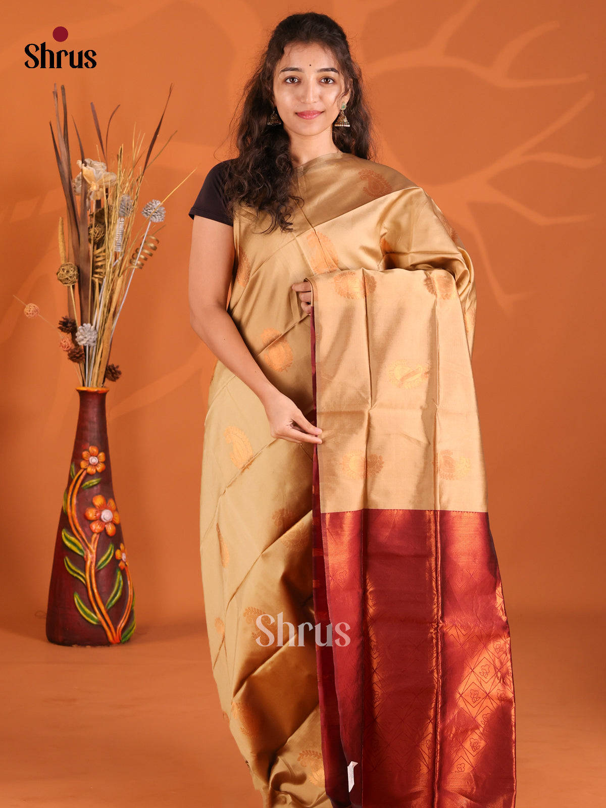 Dull Gold & Maroon- Semi Softsilk Saree - Shop on Shrus.com