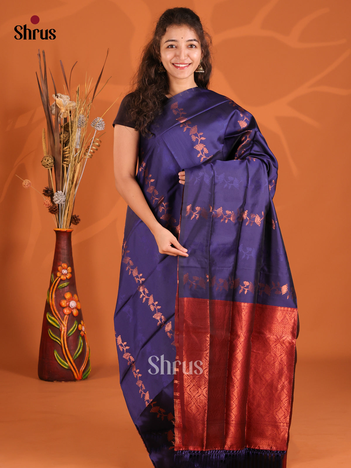 Navy Blue & Maroon - Semi Softsilk Saree - Shop on Shrus.com