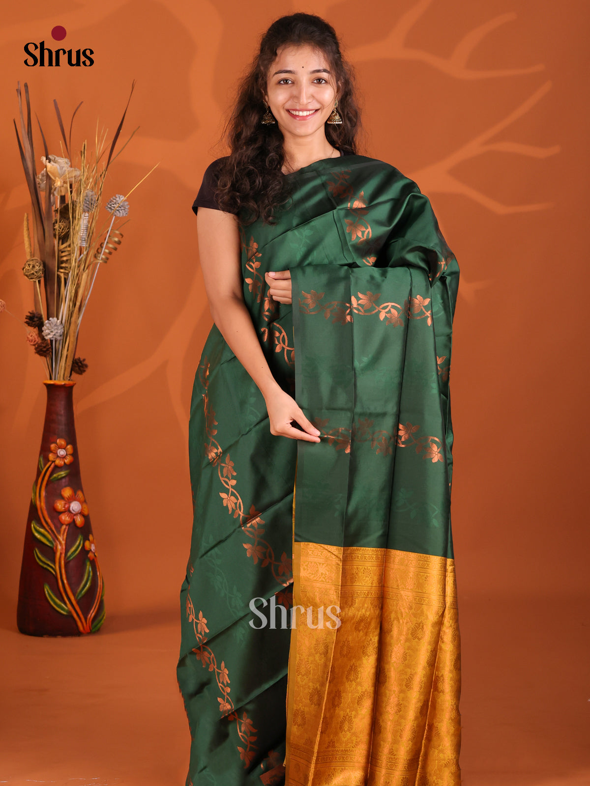 Bottle Green & Mustard- Semi Softsilk Saree - Shop on Shrus.com
