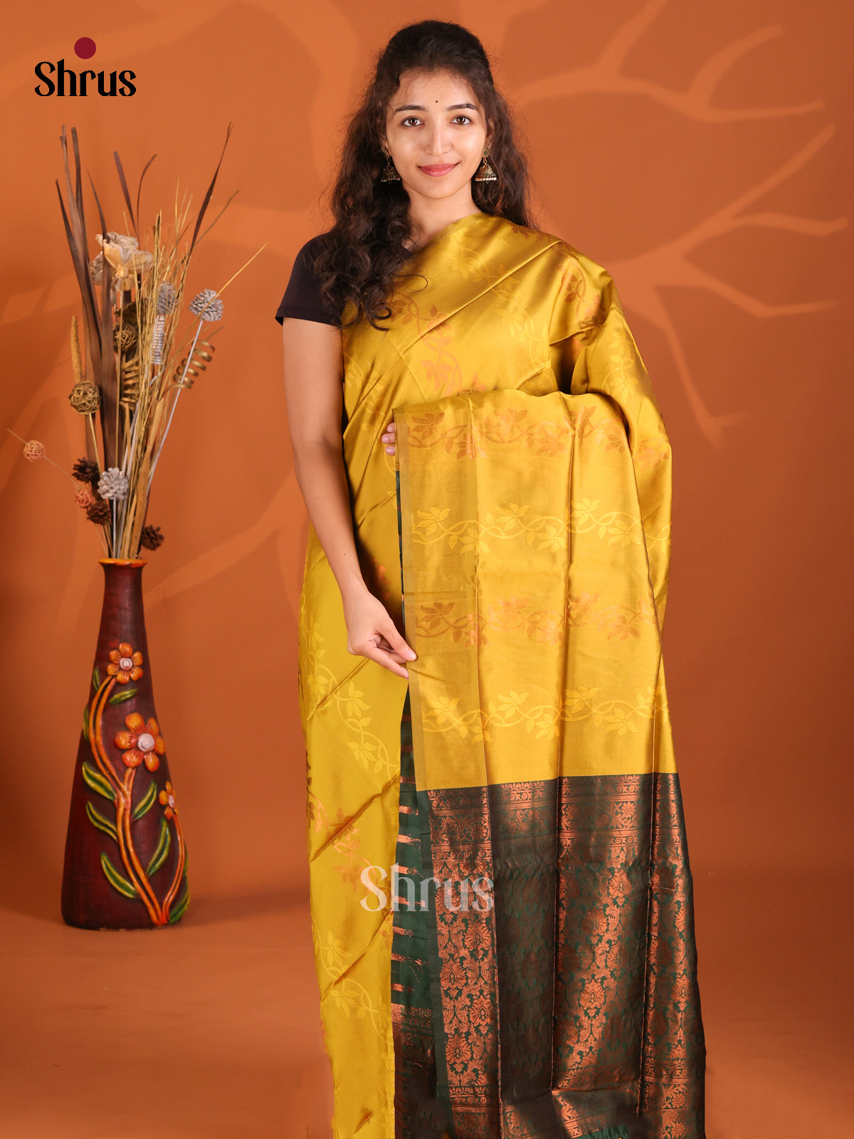 Mustard & Green - Semi Softsilk Saree - Shop on Shrus.com