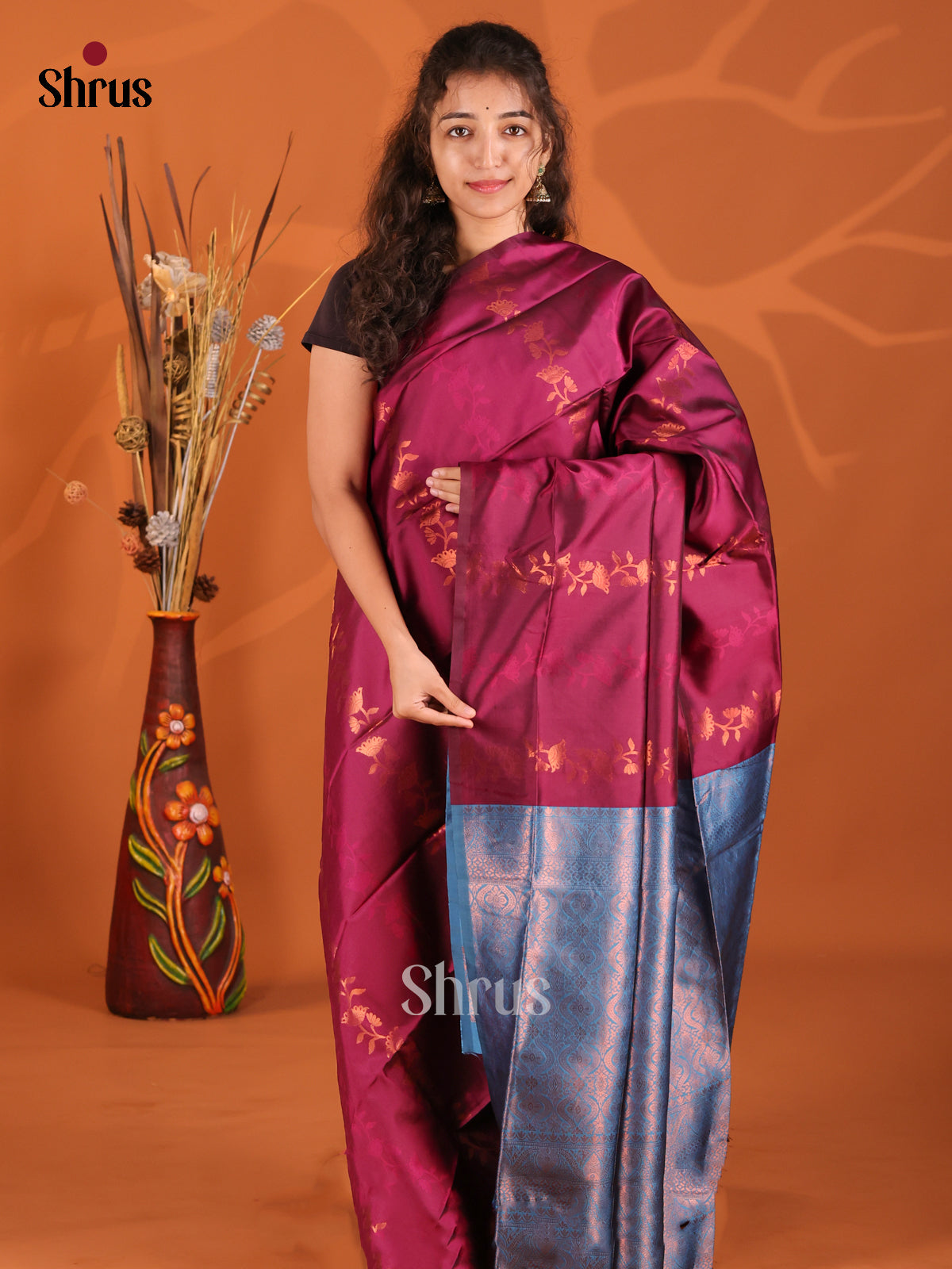 Wine & Blue - Semi Softsilk Saree - Shop on Shrus.com