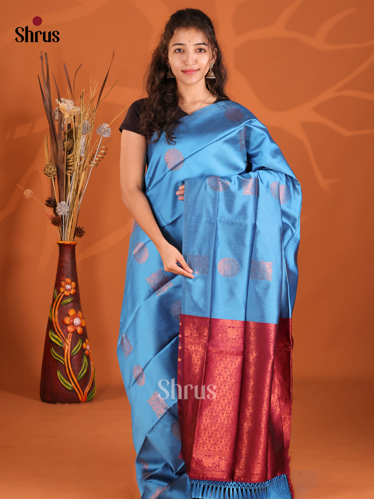 Blue & Maroon - Semi Softsilk Saree - Shop on Shrus.com