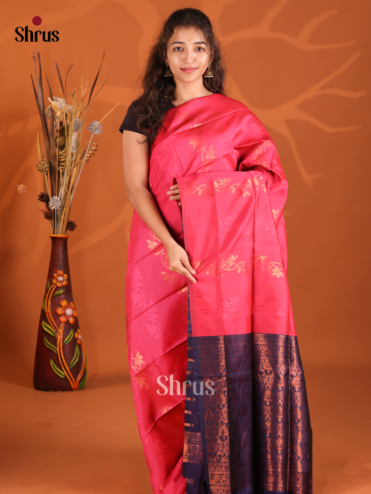 Pink & Blue - Semi Softsilk Saree - Shop on Shrus.com