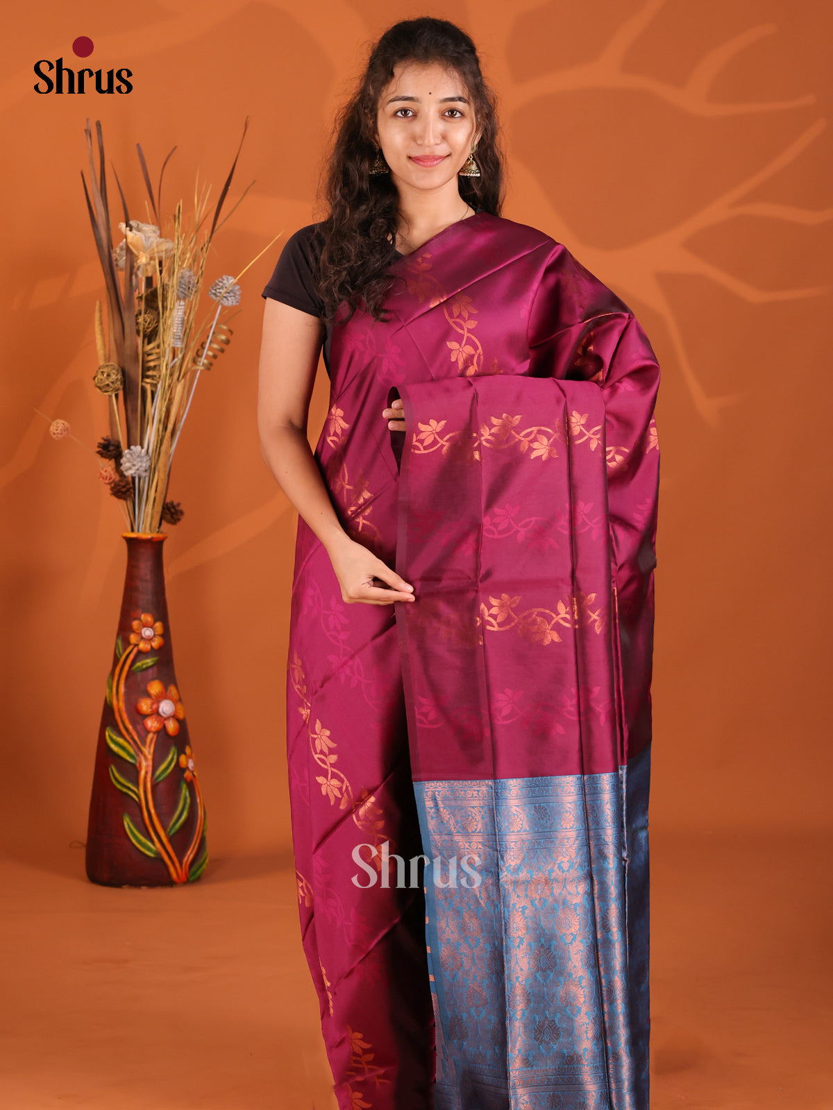 Maroon  & Blue - Semi Softsilk Saree - Shop on Shrus.com