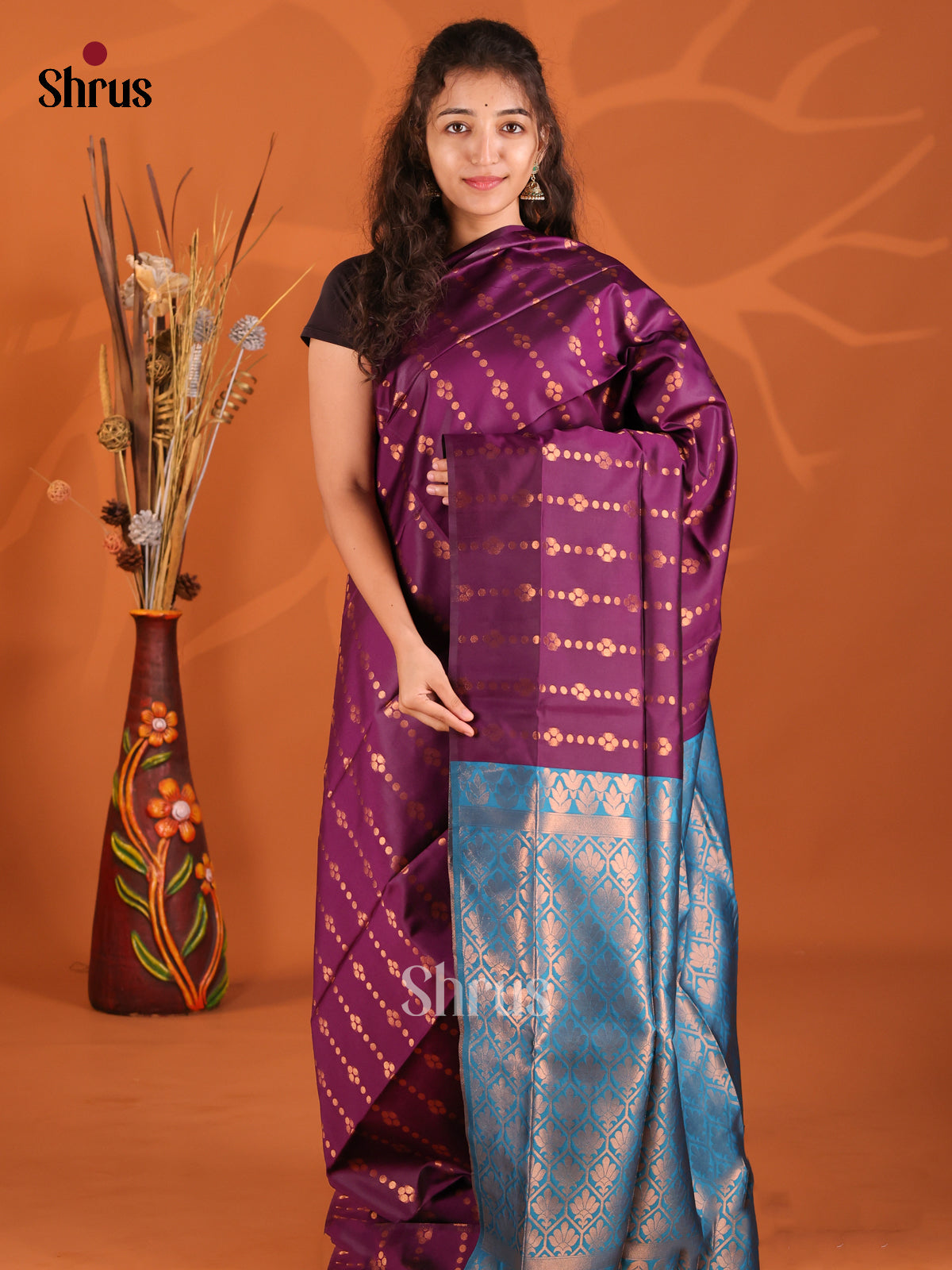 Purple & Blue - Semi Softsilk Saree - Shop on Shrus.com
