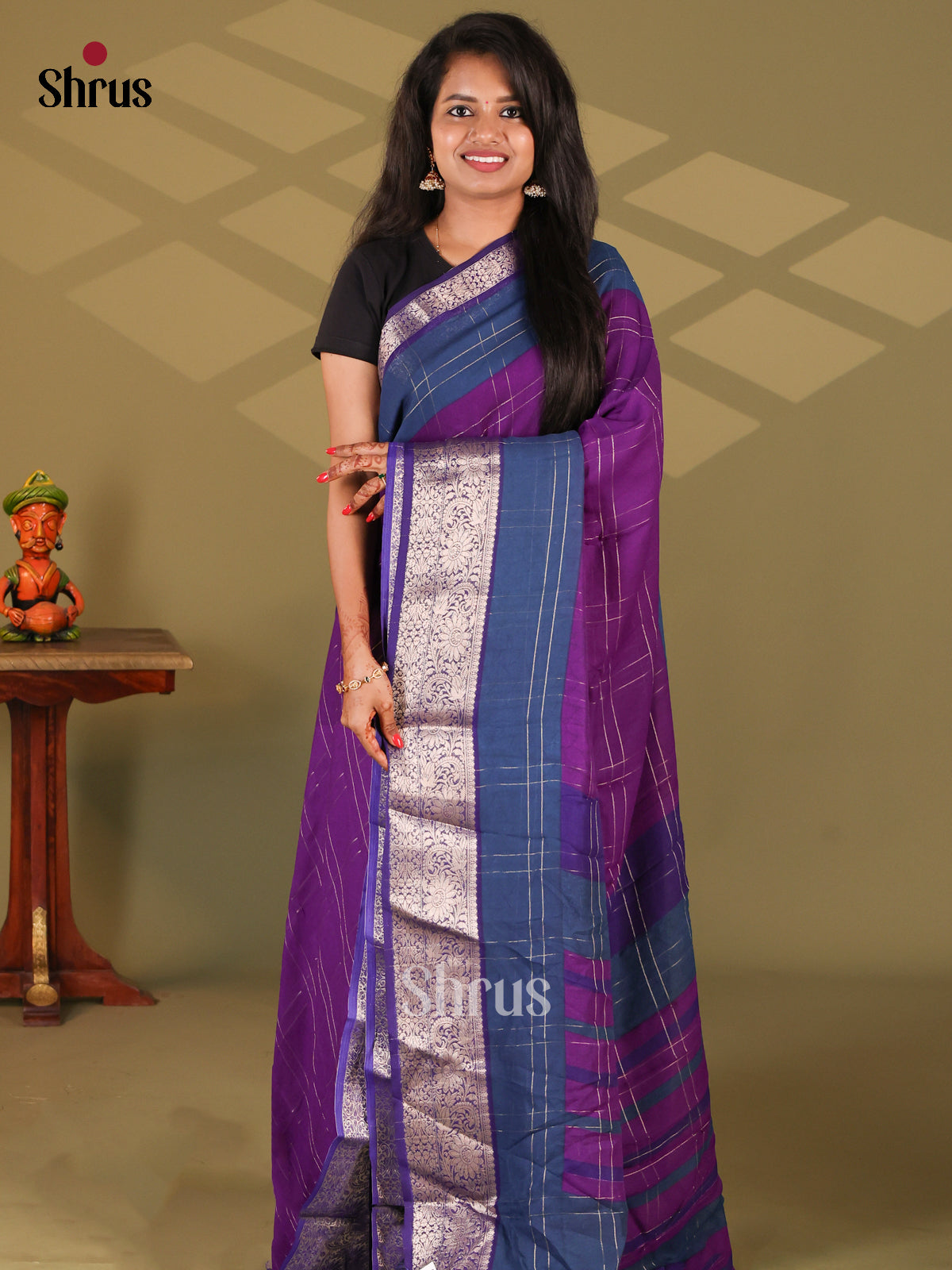 Purple & Blue - Semi Mysore silk saree - Shop on Shrus.com