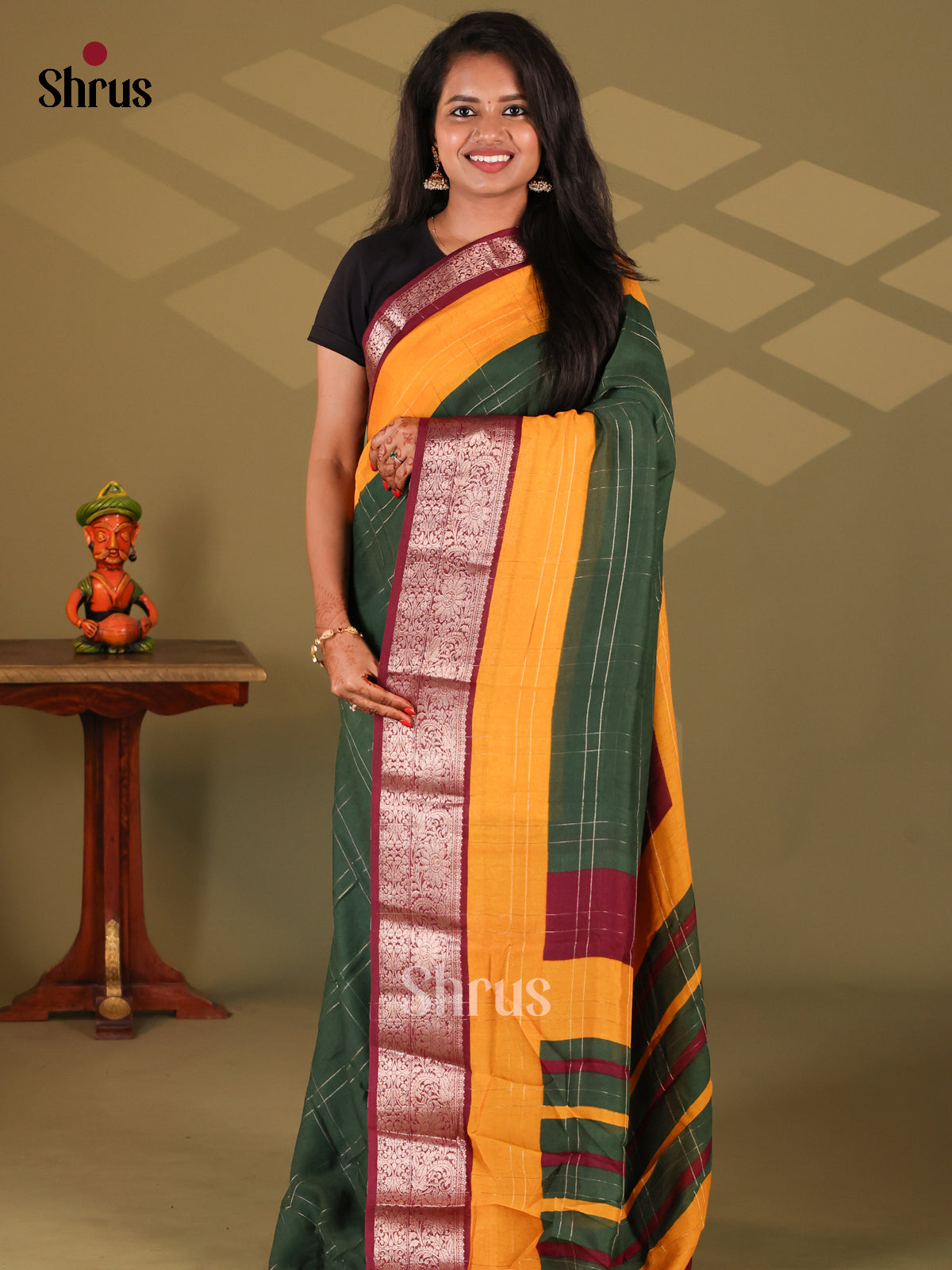 Green & Maroon- Semi Mysore silk saree - Shop on Shrus.com