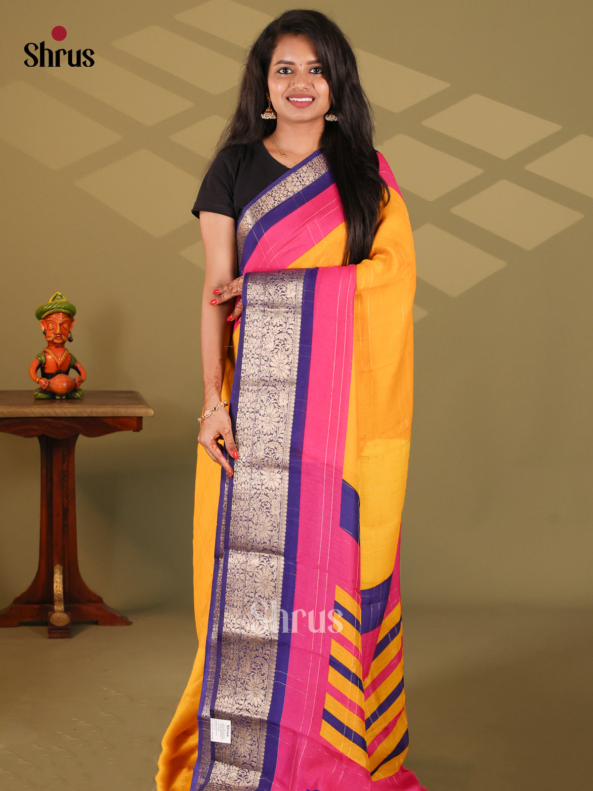 Yellow & Blue - Semi Mysore silk saree - Shop on Shrus.com