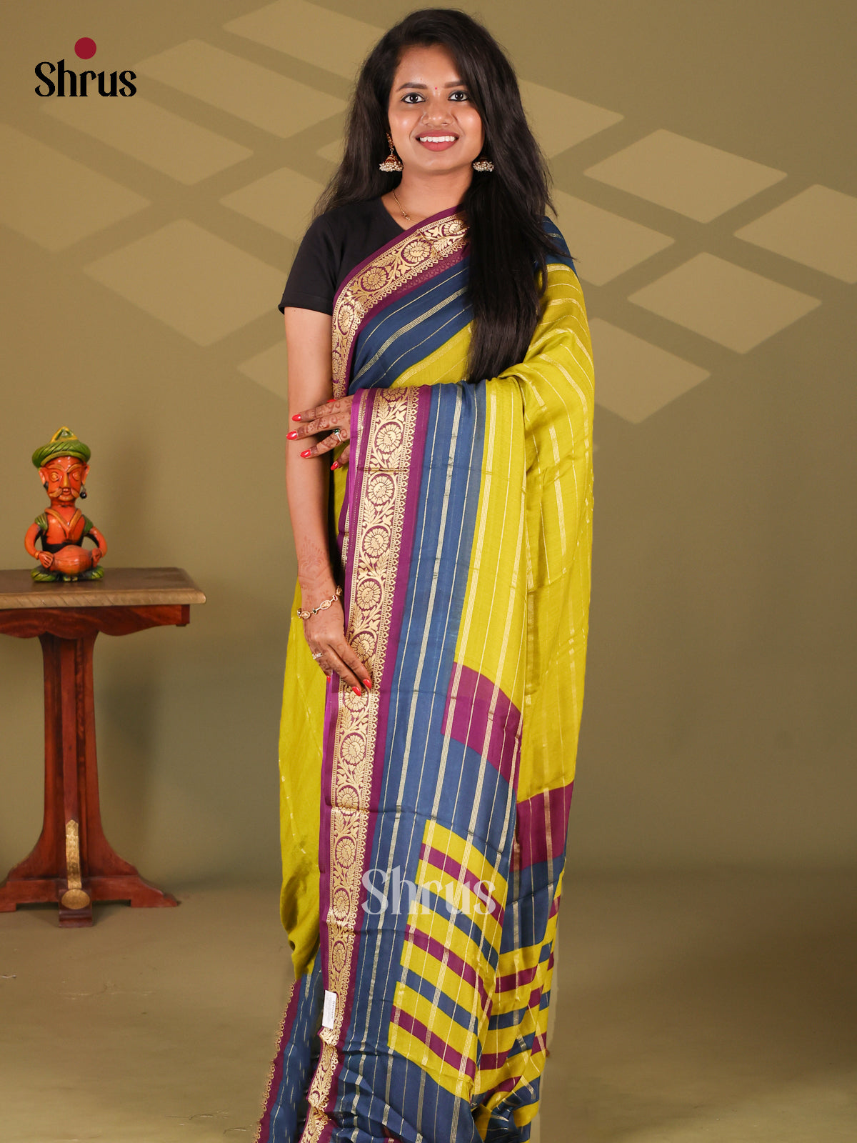 Mustardy Green & Purple - Semi Mysore silk saree - Shop on Shrus.com
