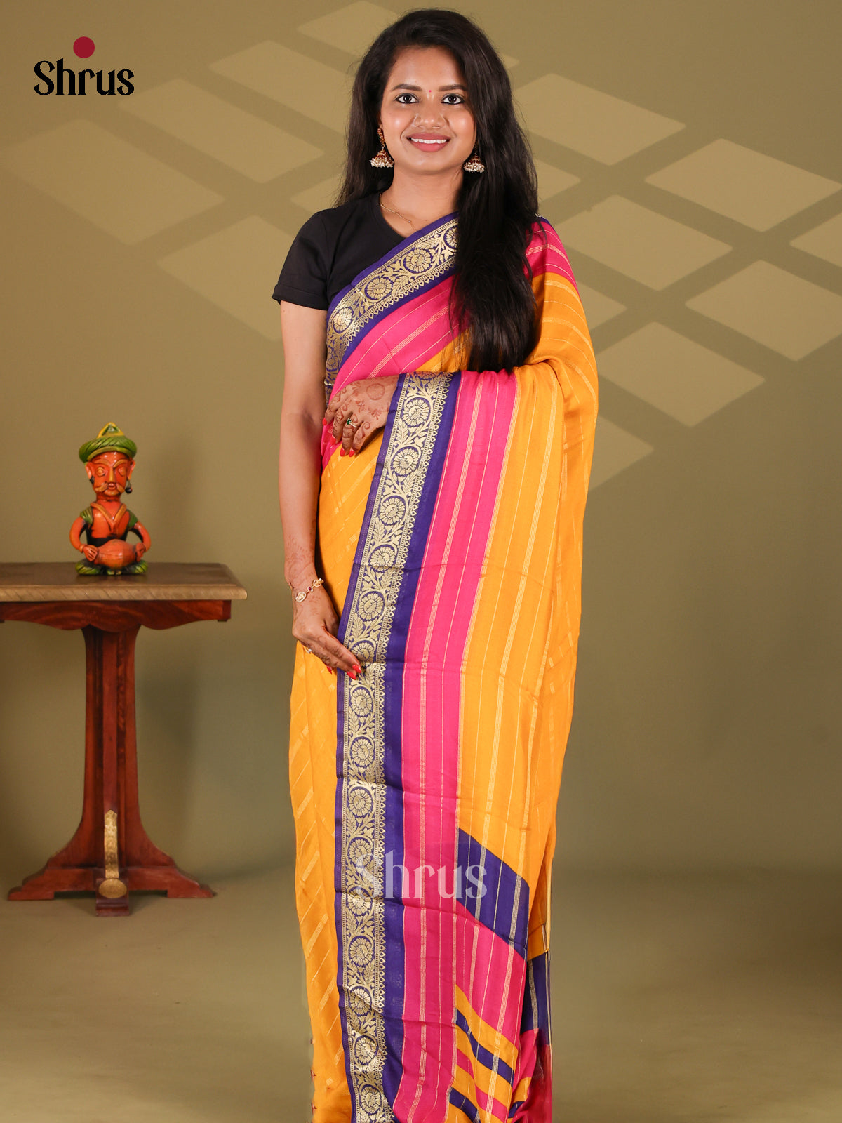 Mustard & Blue - Semi Mysore silk saree - Shop on Shrus.com