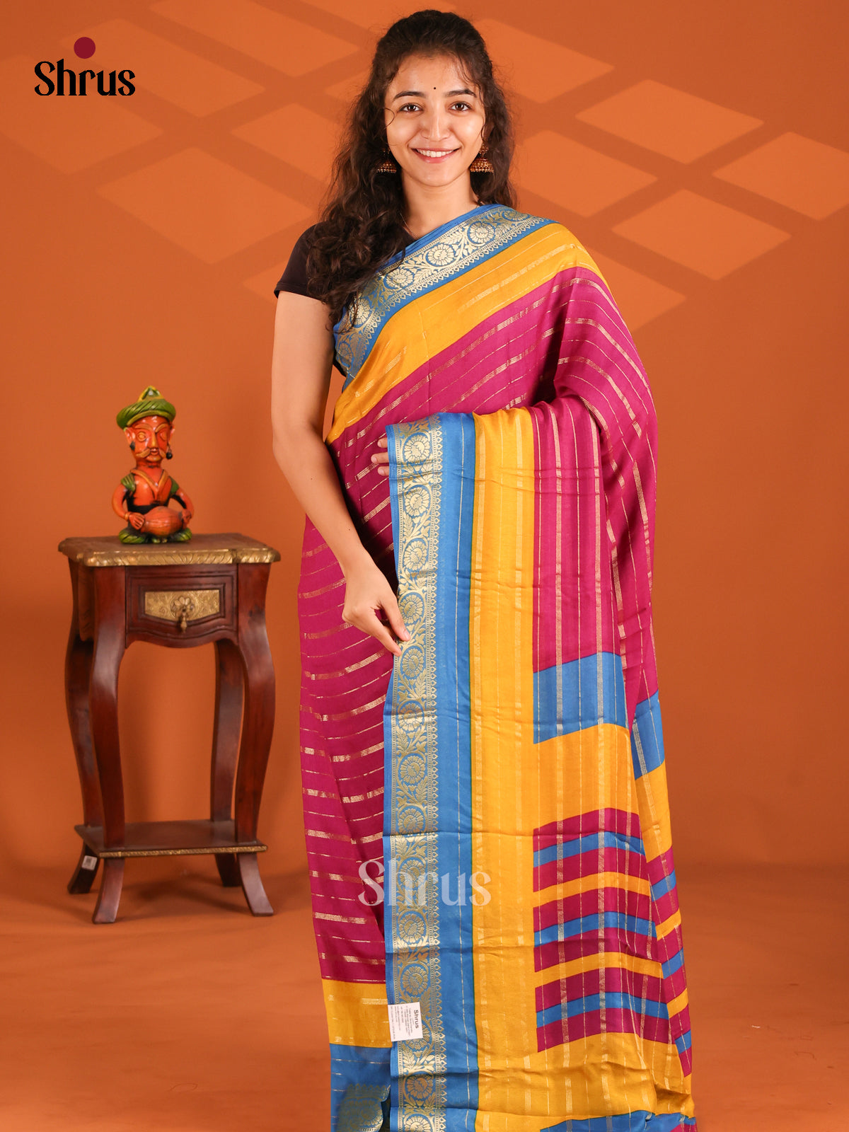 Purple & Yellow- Semi Mysore silk saree - Shop on Shrus.com