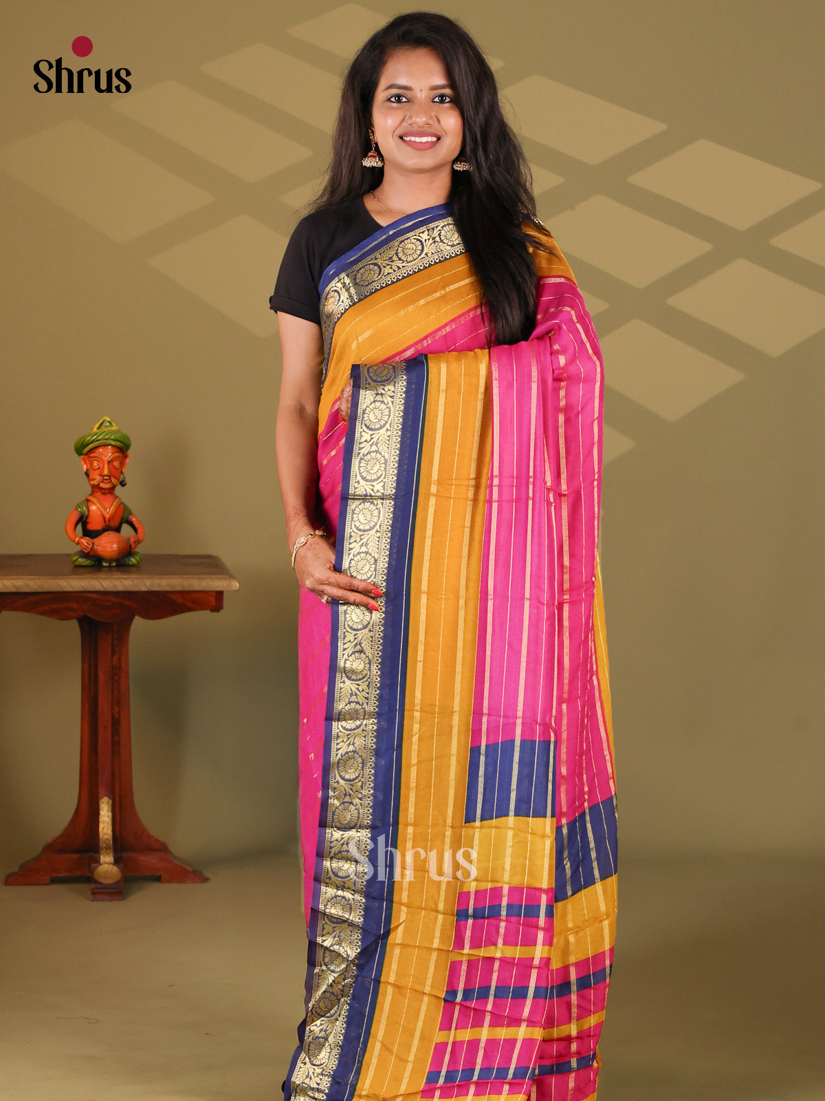 Pink & Blue - Semi Mysore silk saree - Shop on Shrus.com
