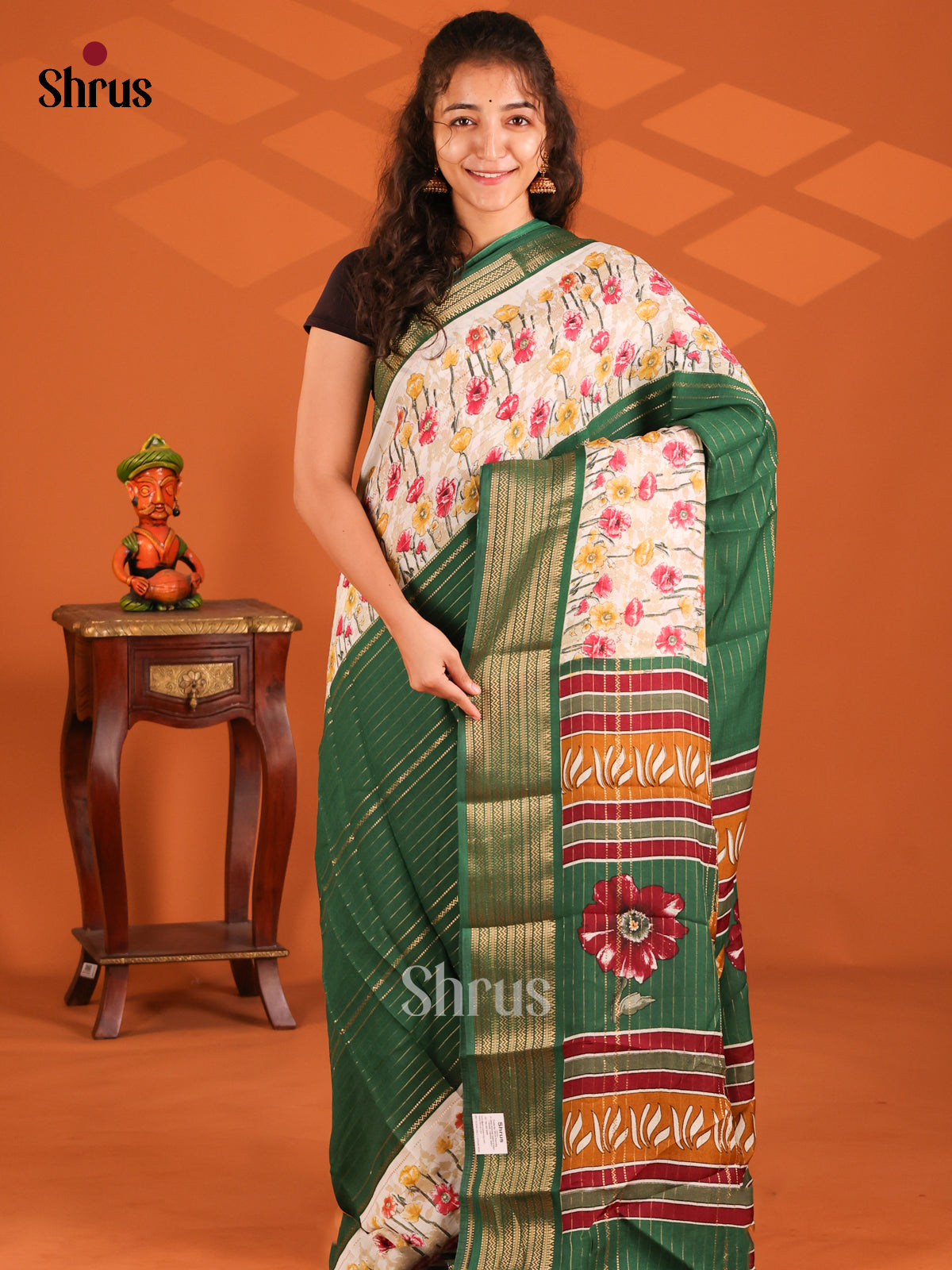 Green & Cream - Semi Mysore silk saree - Shop on Shrus.com