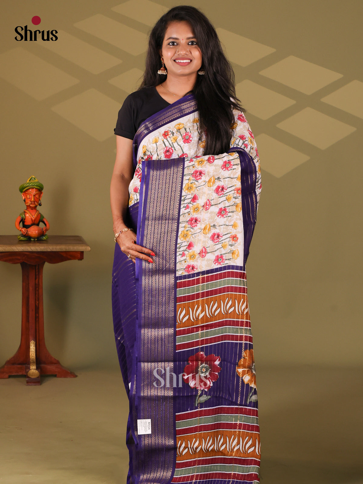 Blue & Cream - Semi Mysore silk saree - Shop on Shrus.com
