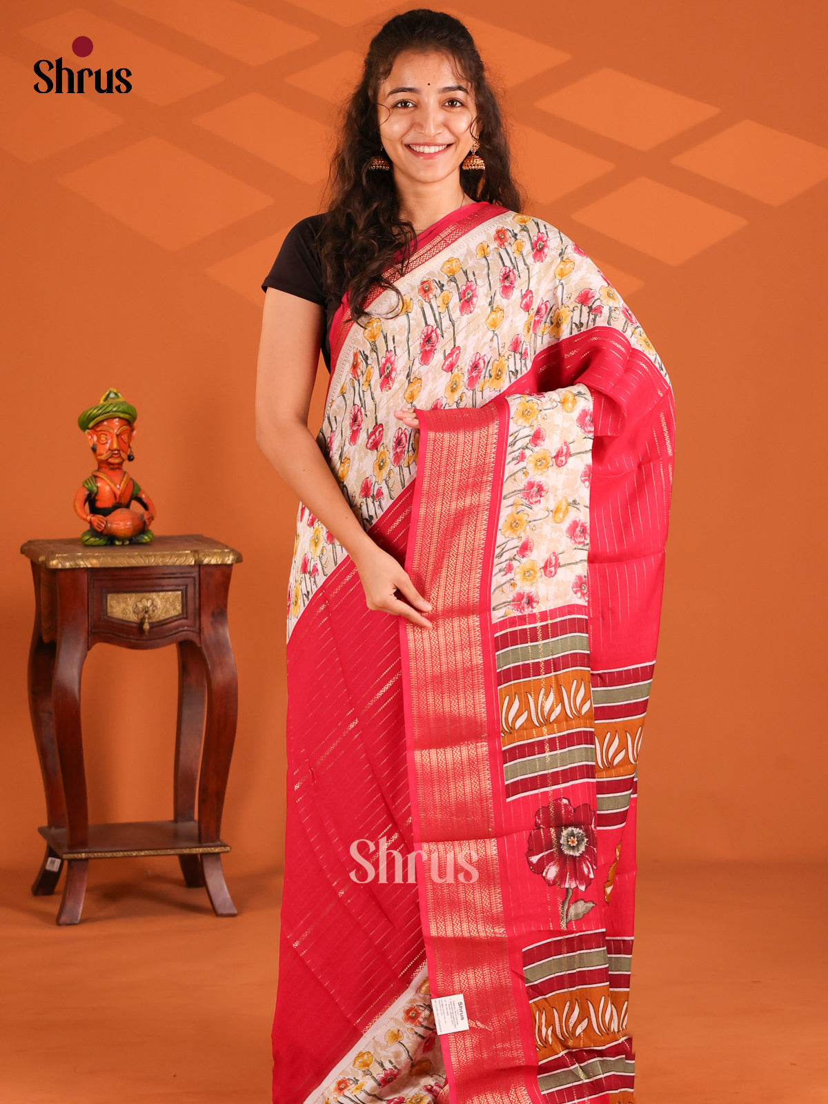 Red & Cream - Semi Mysore silk saree - Shop on Shrus.com