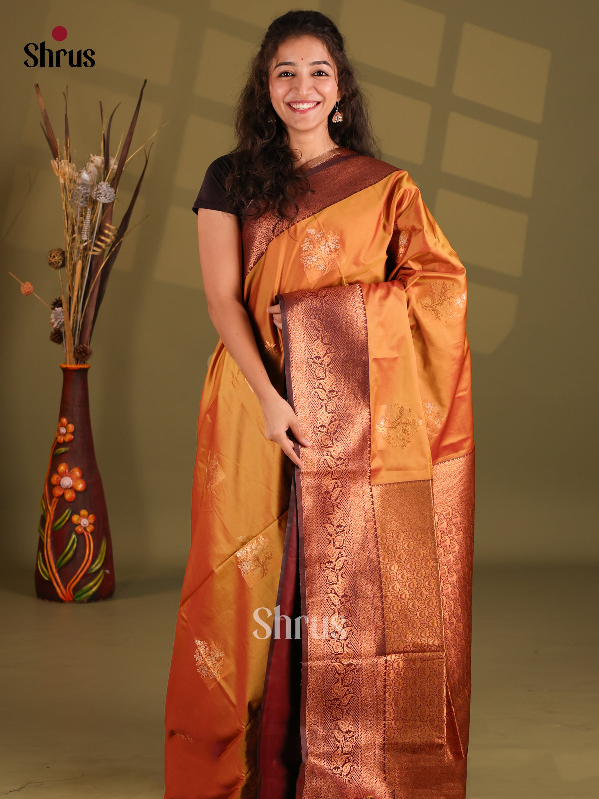 Orange & Brown - Semi Softsilk Saree - Shop on Shrus.com