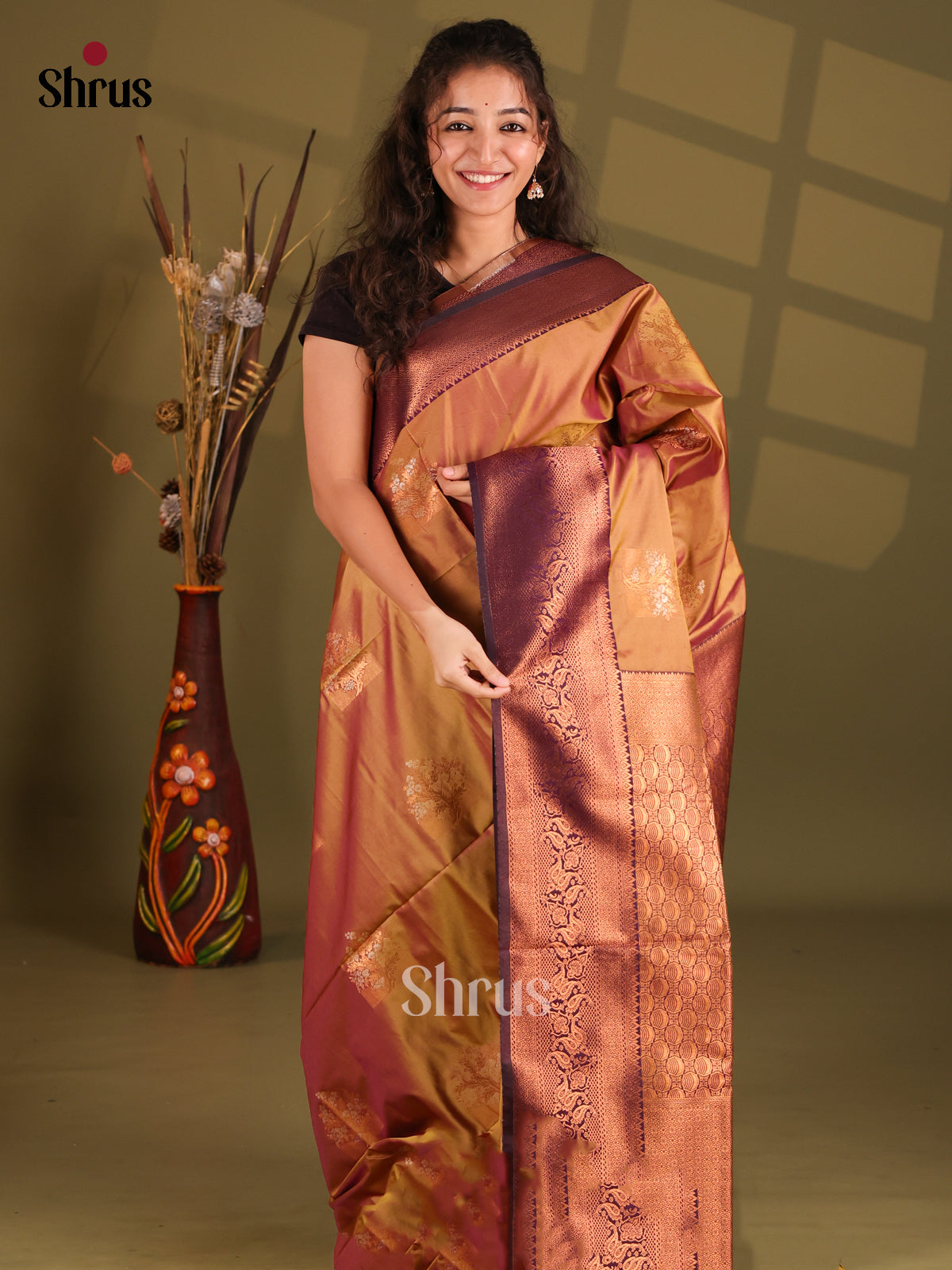 Dark Mustard & Purple - Semi Softsilk Saree - Shop on Shrus.com