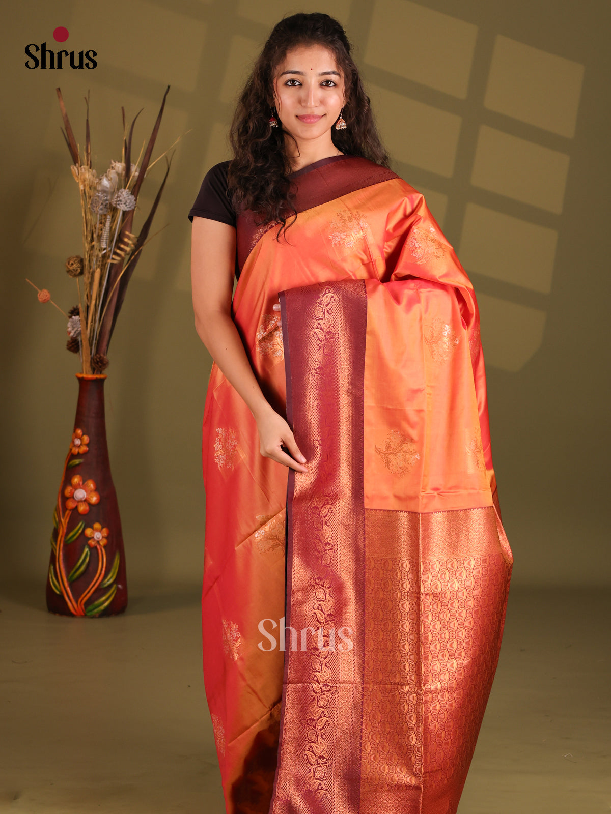 Orange & maroon- Semi Softsilk Saree - Shop on Shrus.com