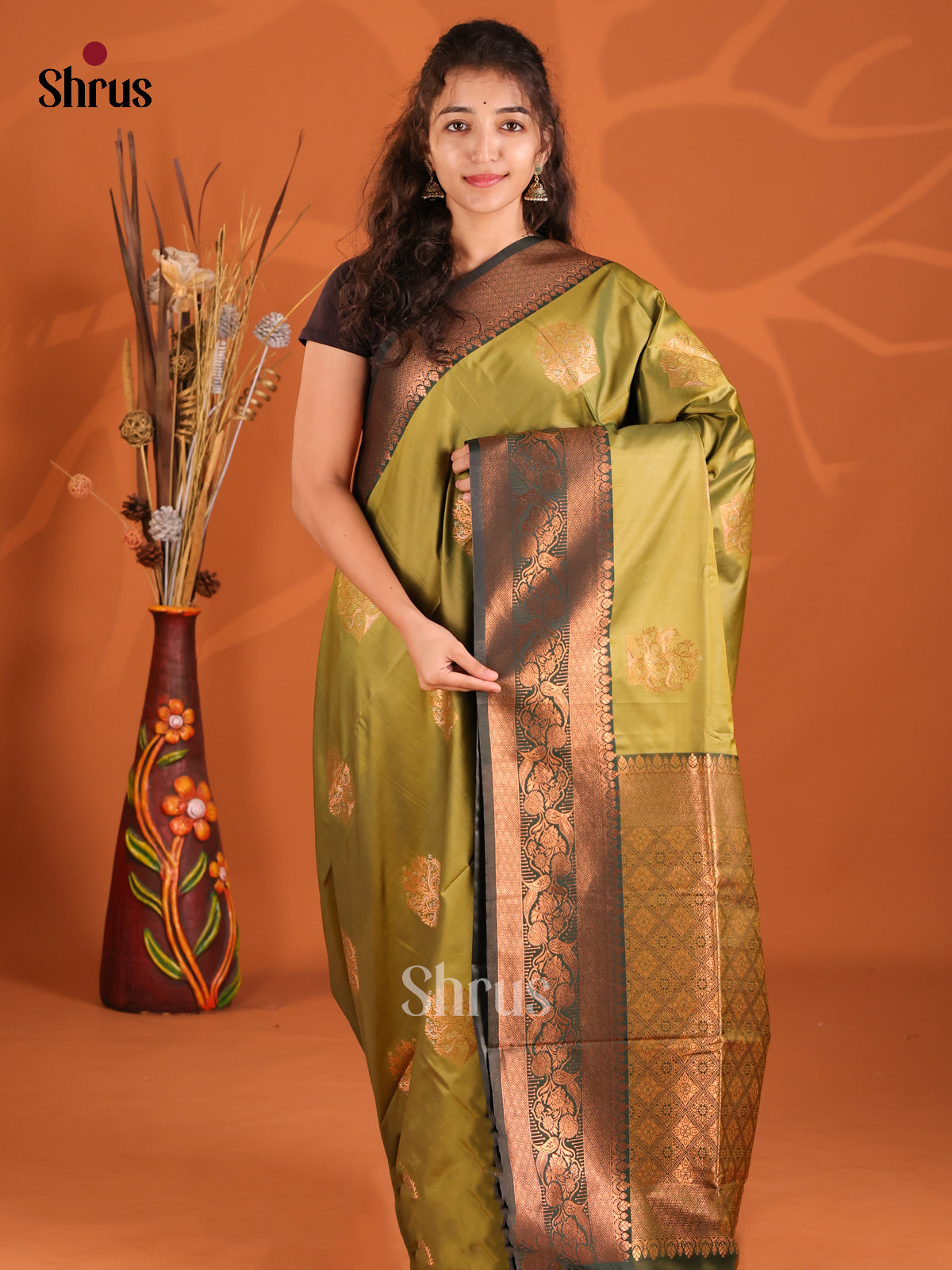 Olive Green & Green - Semi Softsilk Saree - Shop on Shrus.com