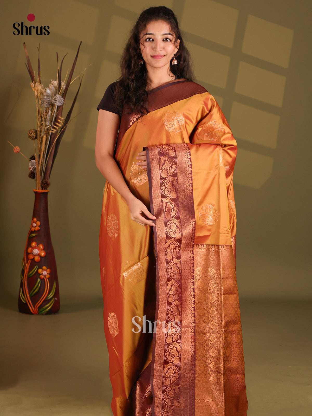 Dark Mustard & Brown - Semi Softsilk Saree - Shop on Shrus.com