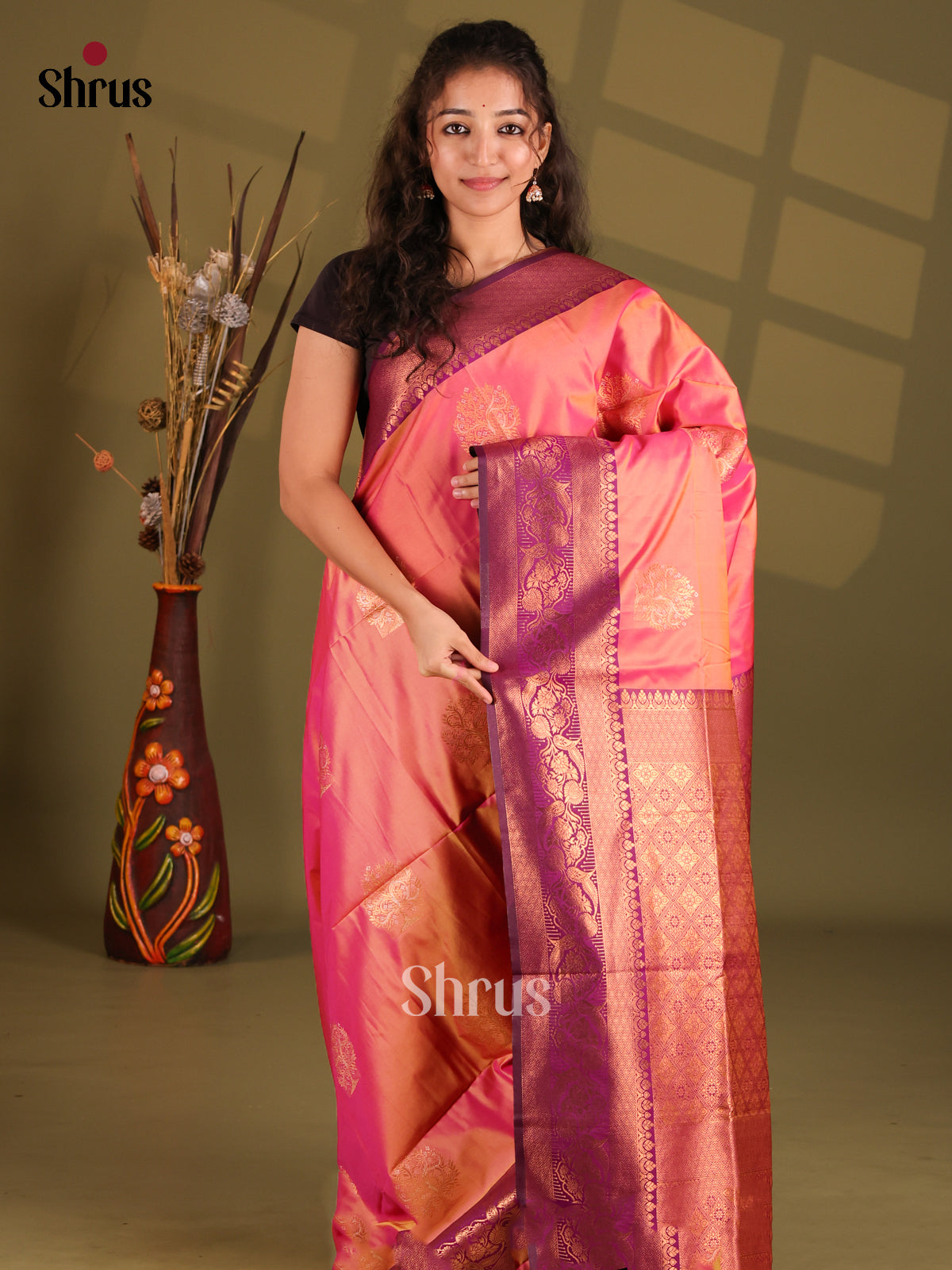 Orangish Pink & Violet- Semi Softsilk Saree - Shop on Shrus.com