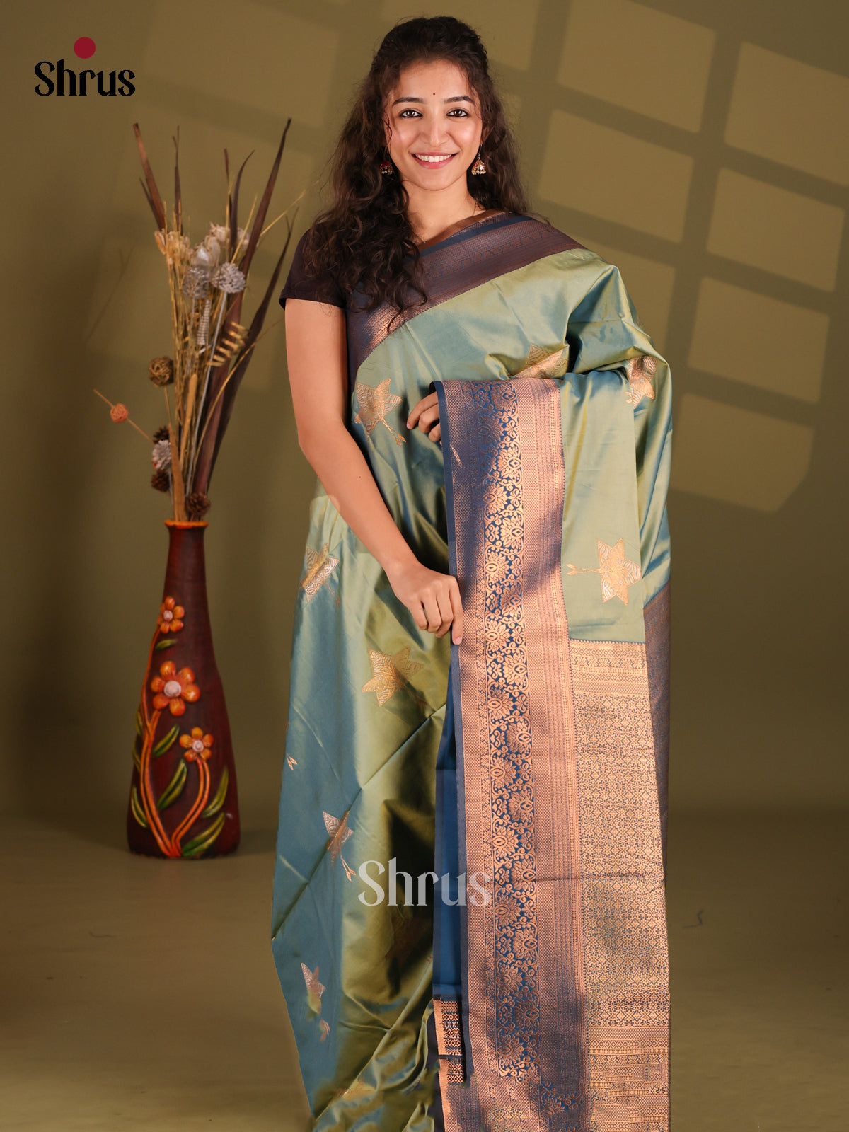 Aqua Green & Blue - Semi Softsilk Saree - Shop on Shrus.com