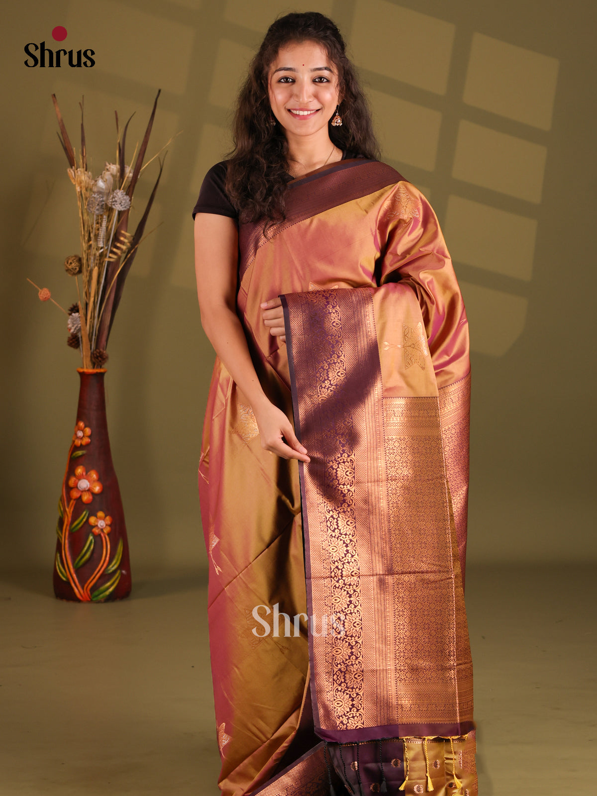 Double Shaded Orange & Purple  - Semi Softsilk Saree - Shop on Shrus.com