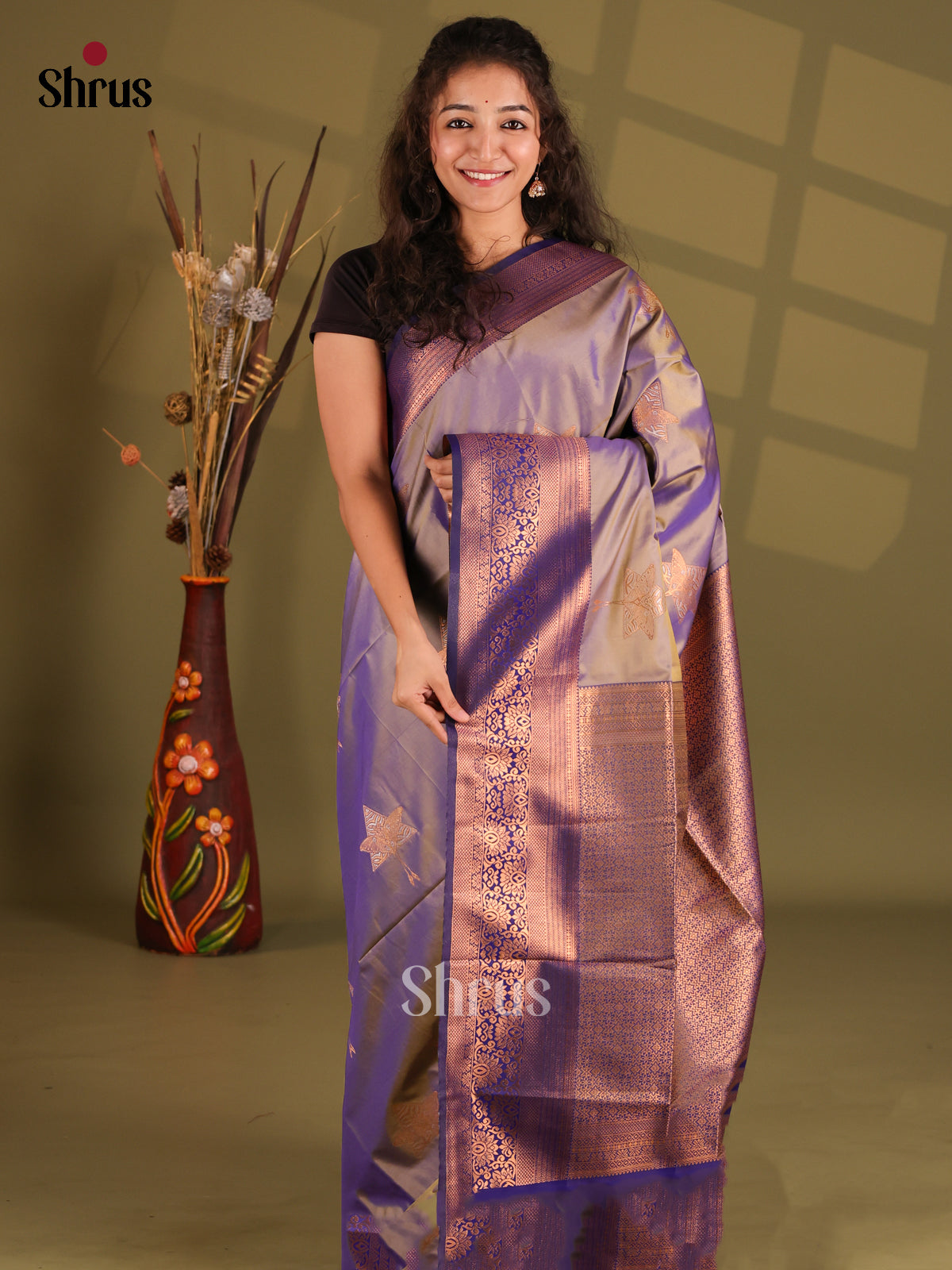 Dark Lavender & Blue- Semi Softsilk Saree - Shop on Shrus.com