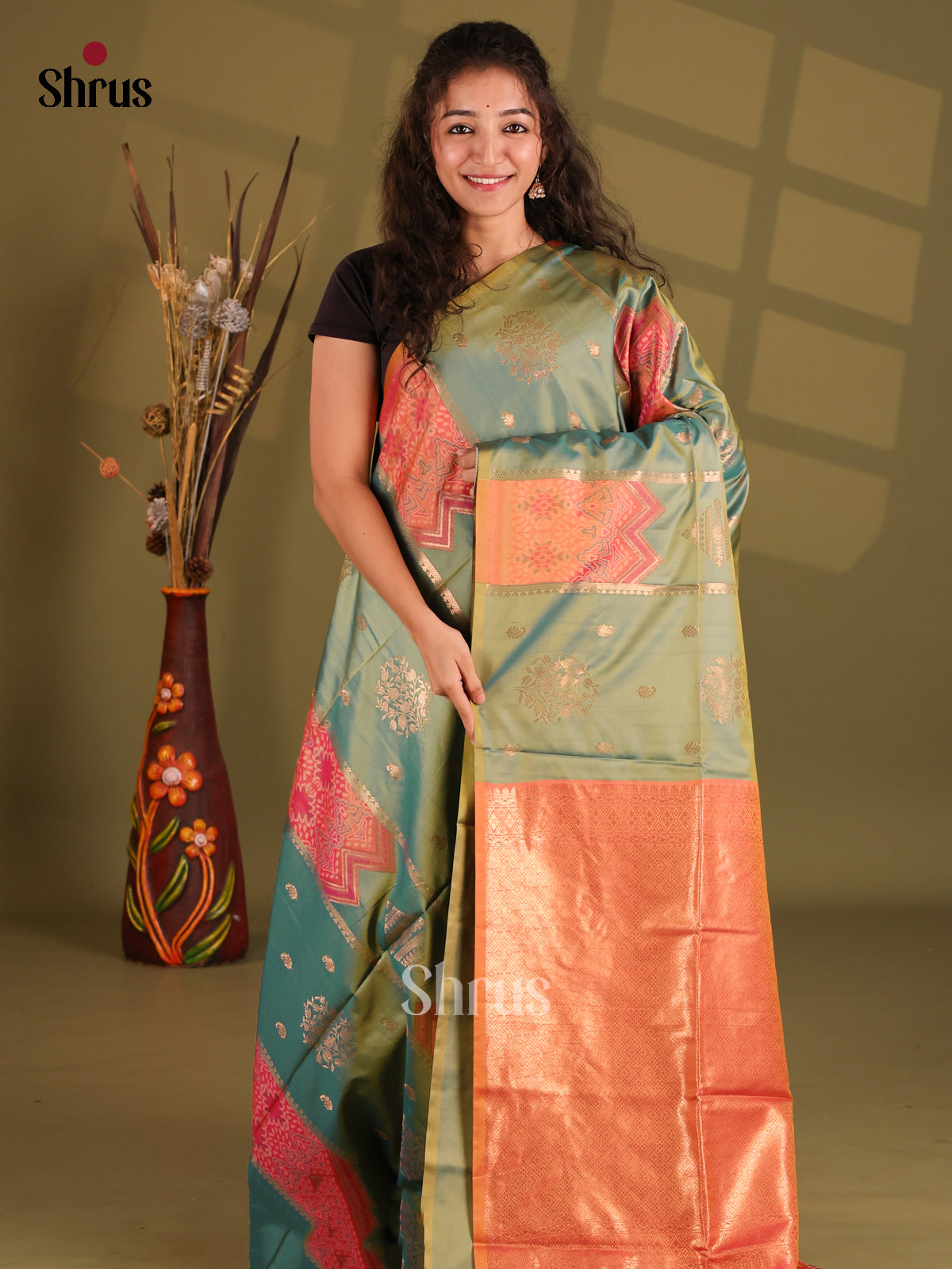 Green & Orange - Semi Softsilk Saree - Shop on Shrus.com