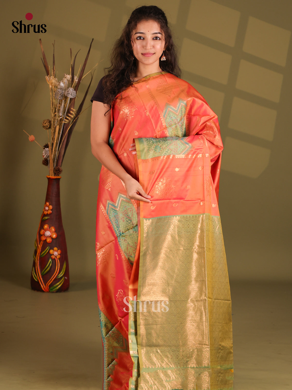 Orange & Green - Semi Softsilk Saree - Shop on Shrus.com