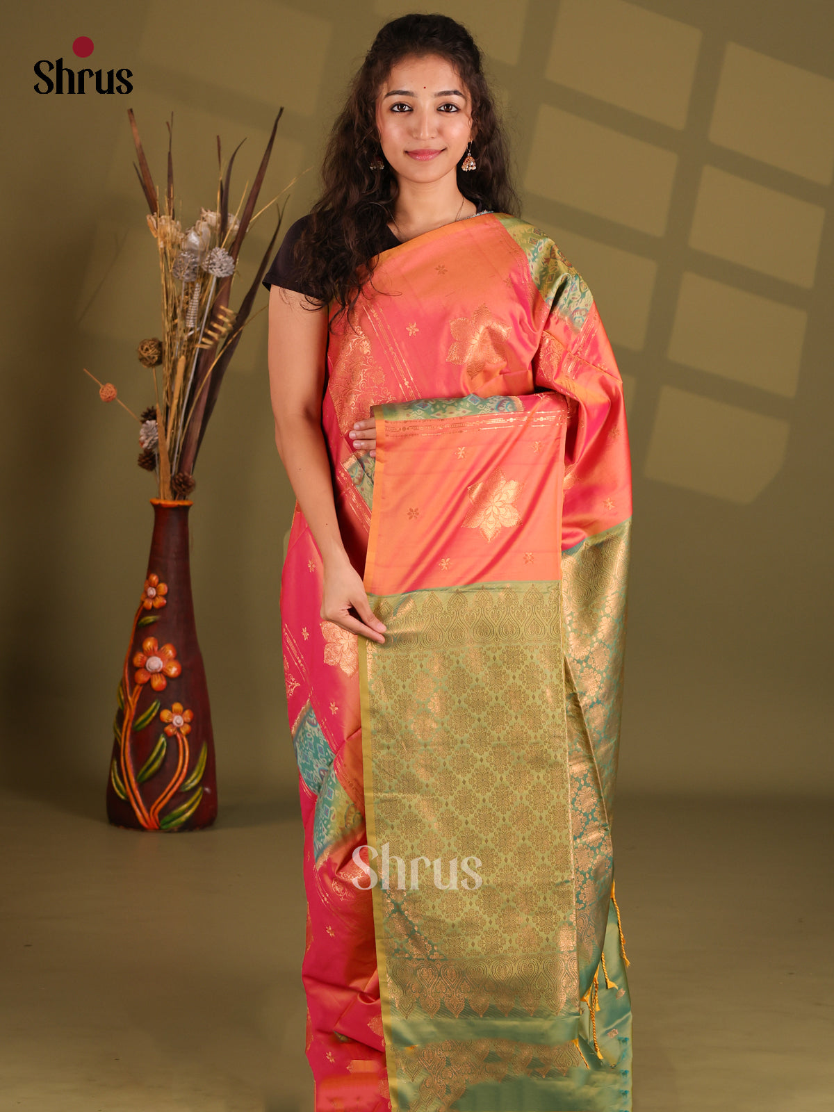 Orange & Green- Semi Softsilk Saree - Shop on Shrus.com