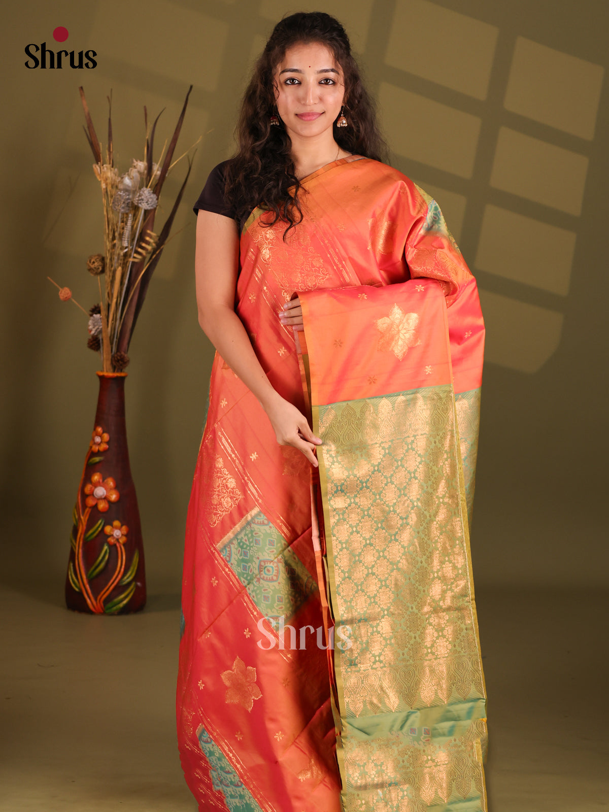 Orange & Green - Semi Softsilk Saree - Shop on Shrus.com