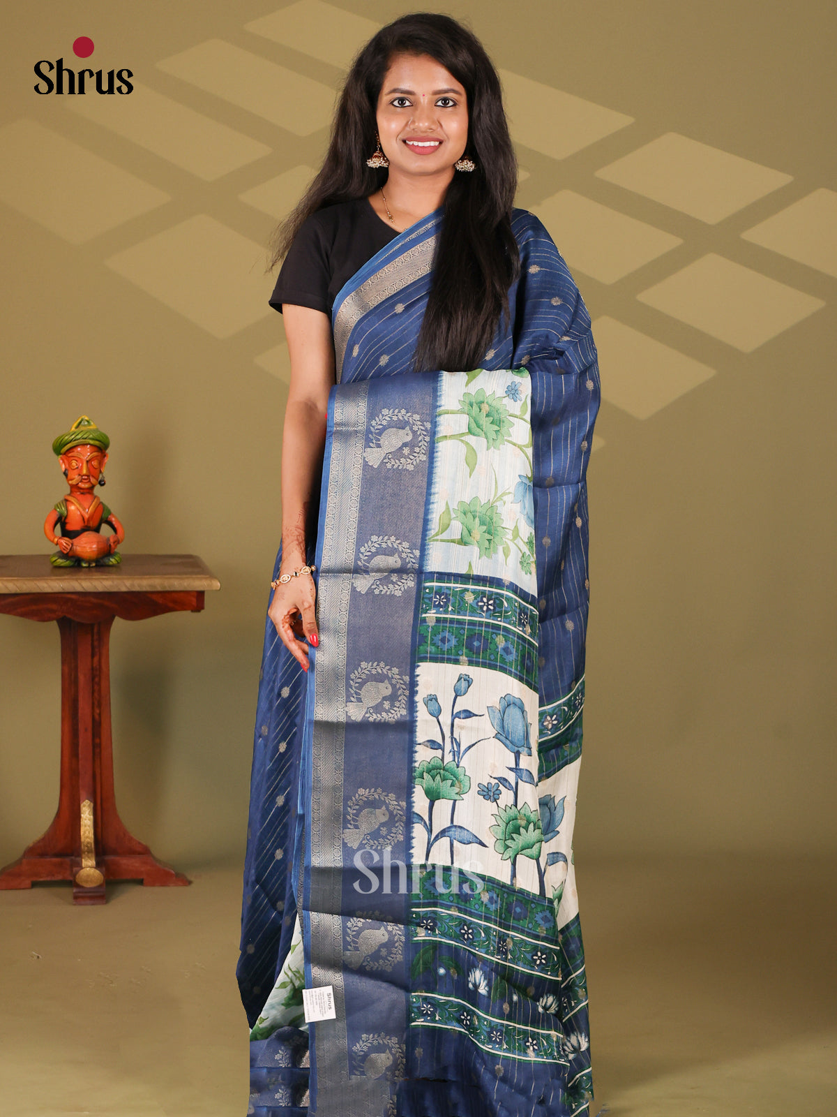 Blue & Cream - Semi Mysore silk saree - Shop on Shrus.com