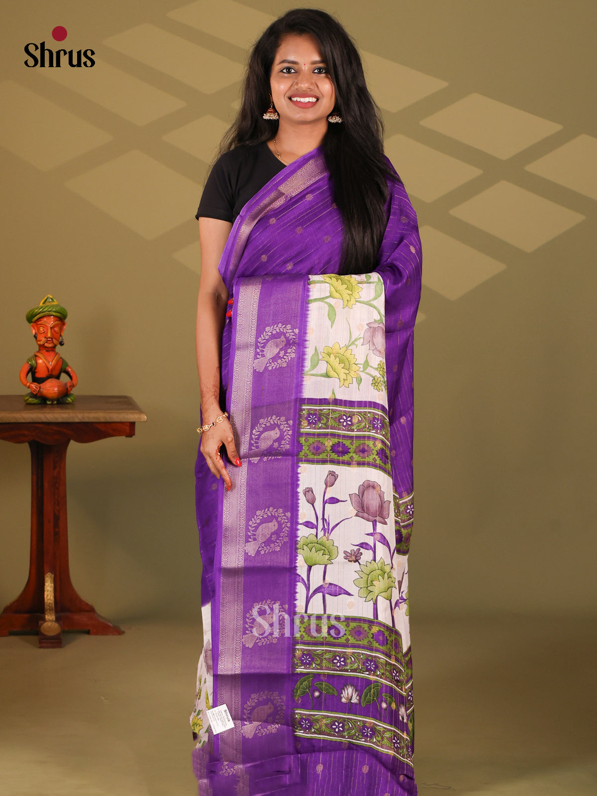 Violet & Cream - Semi Mysore silk saree - Shop on Shrus.com