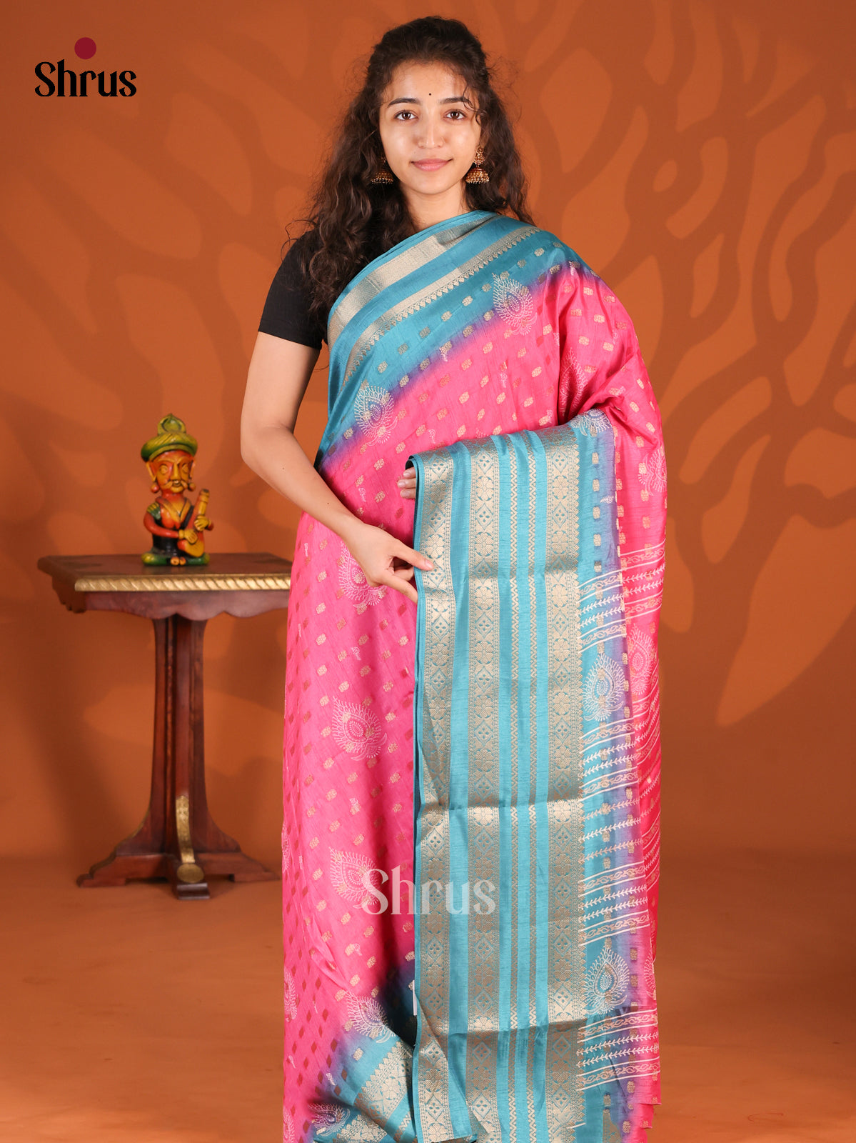 Pink & Blue - Semi Crepe Saree - Shop on Shrus.com