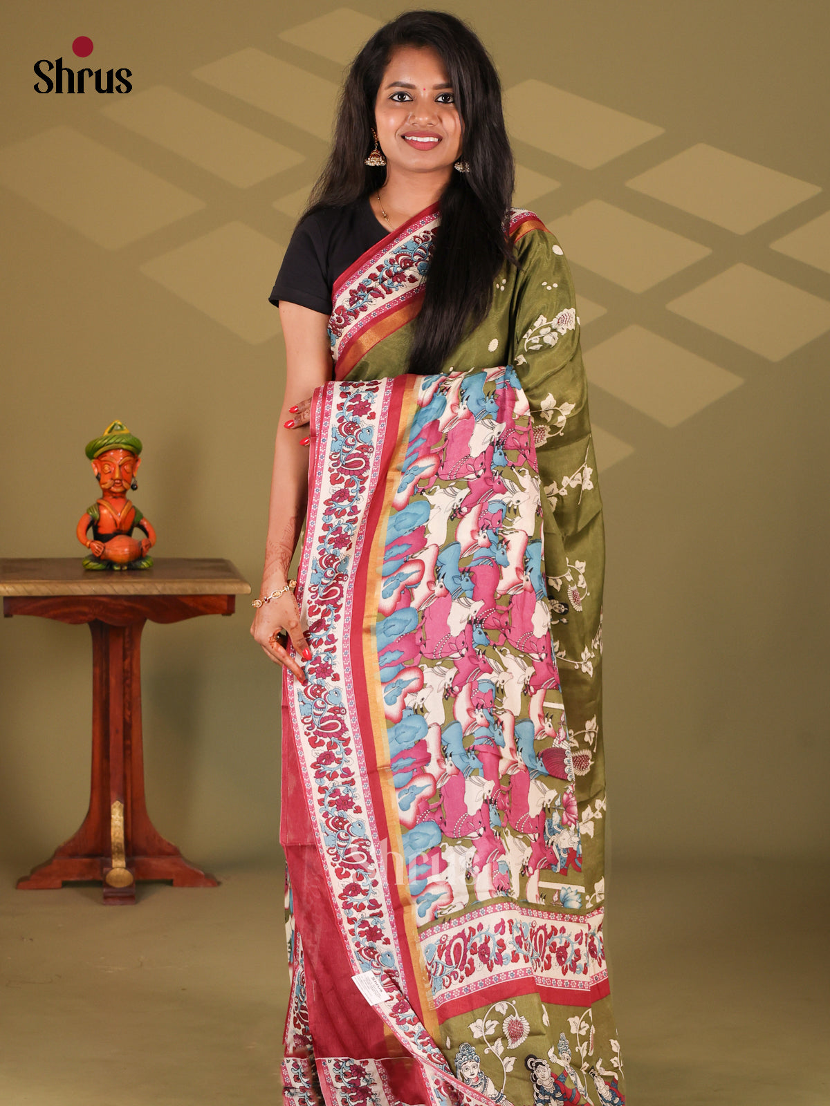Green & Maroon - Semi Crepe saree - Shop on Shrus.com