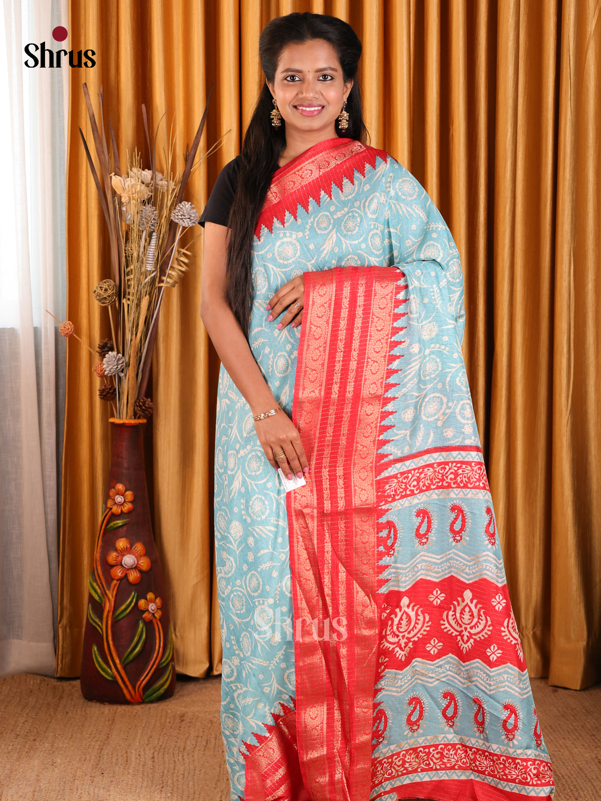 Sky Blue and Red - Semi Crepe Saree - Shop on Shrus.com