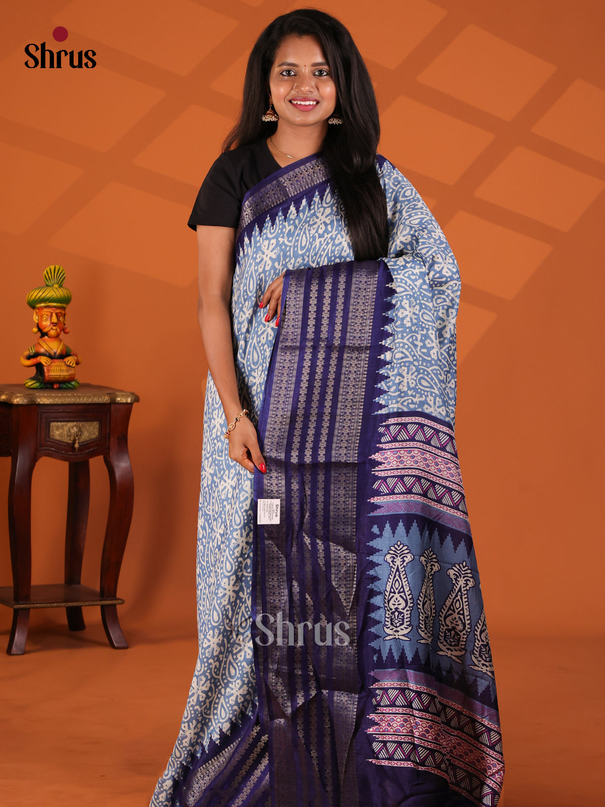 Light Blue & Blue - Semi Crepe Saree - Shop on Shrus.com