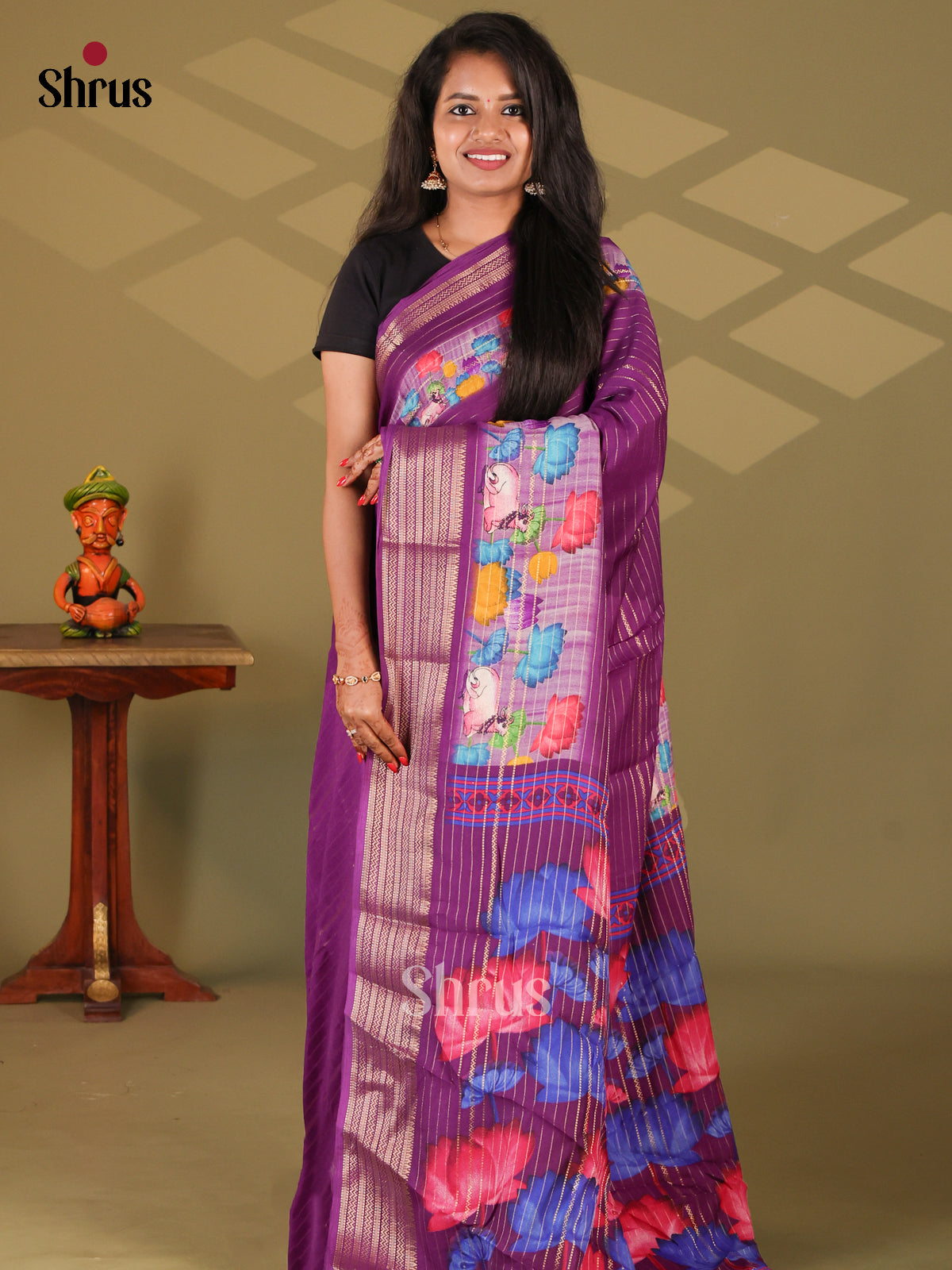Purple - Semi Mysore silk saree - Shop on Shrus.com
