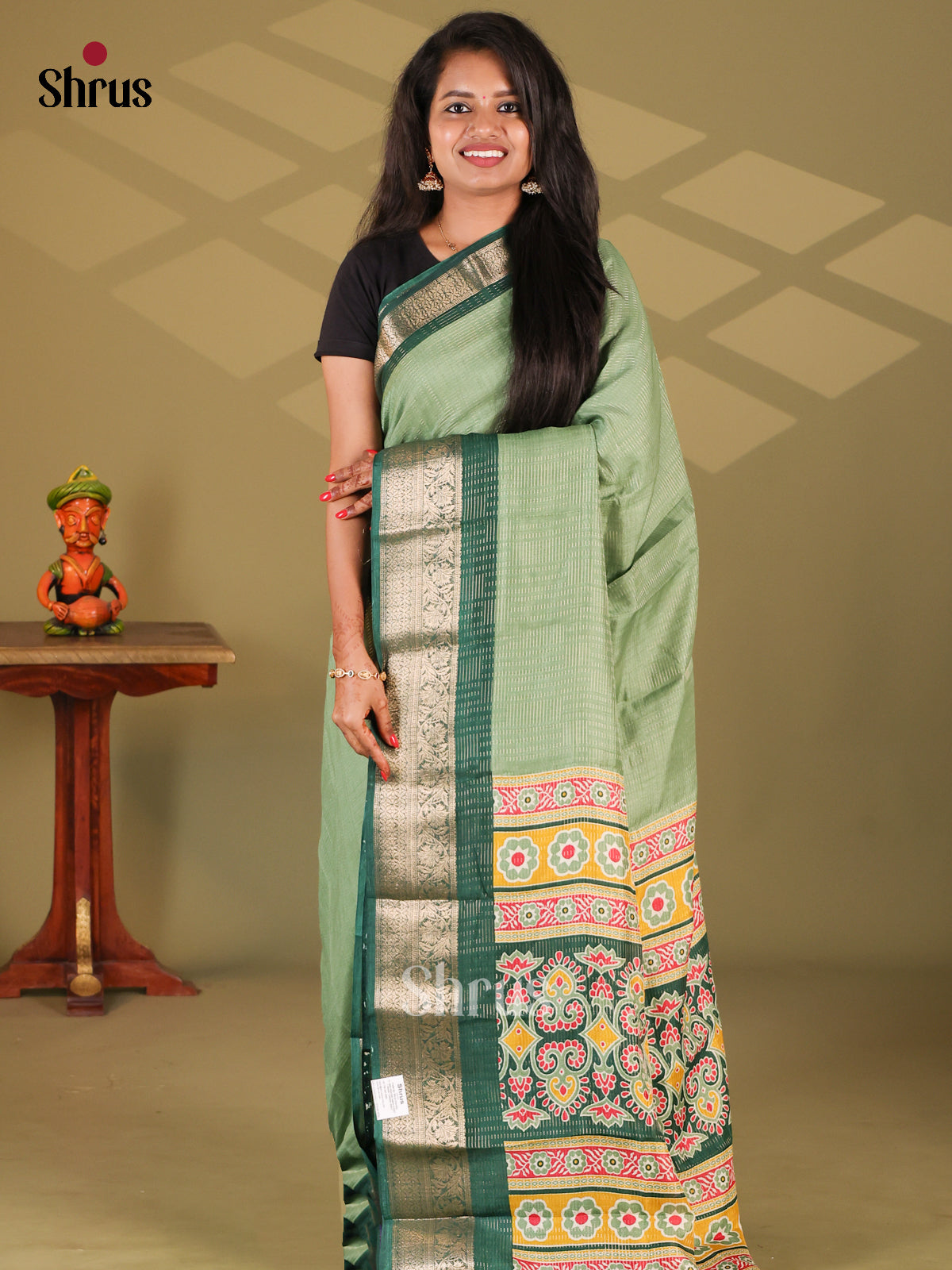 Lite Green & Green - Semi Mysore silk saree - Shop on Shrus.com
