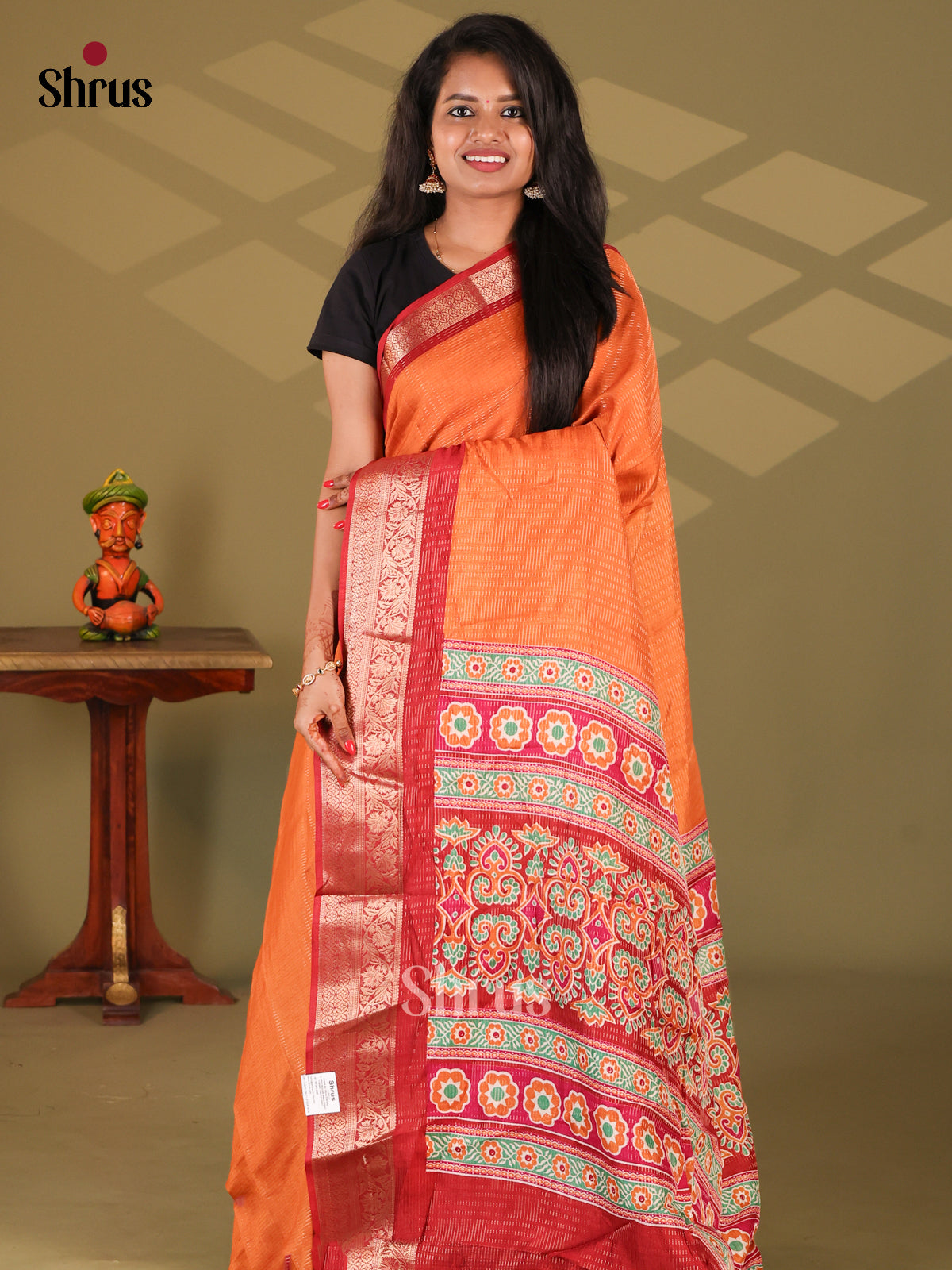 Orange & Red - Semi Mysore silk saree - Shop on Shrus.com