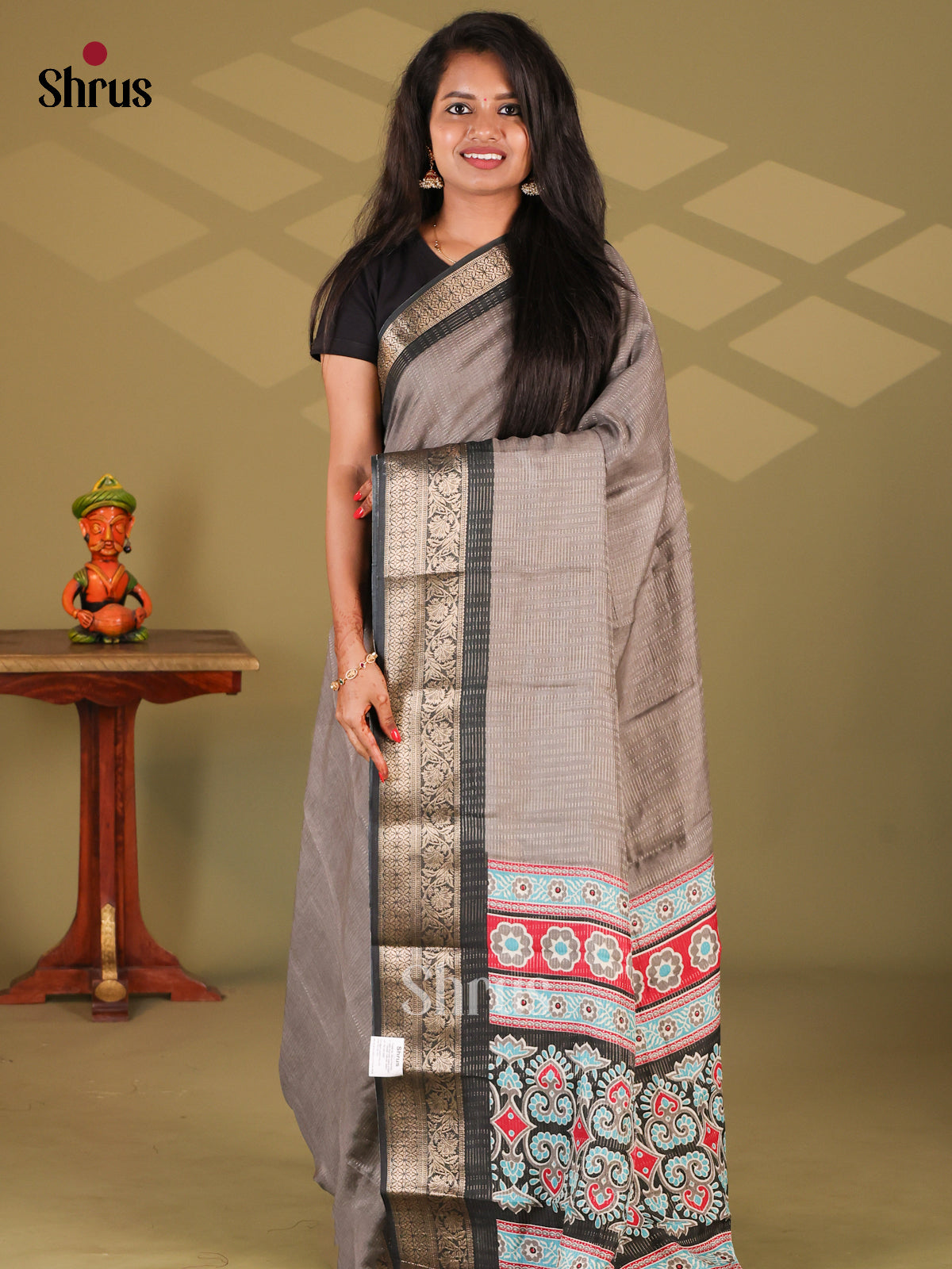 Grey- Semi Mysore silk saree - Shop on Shrus.com