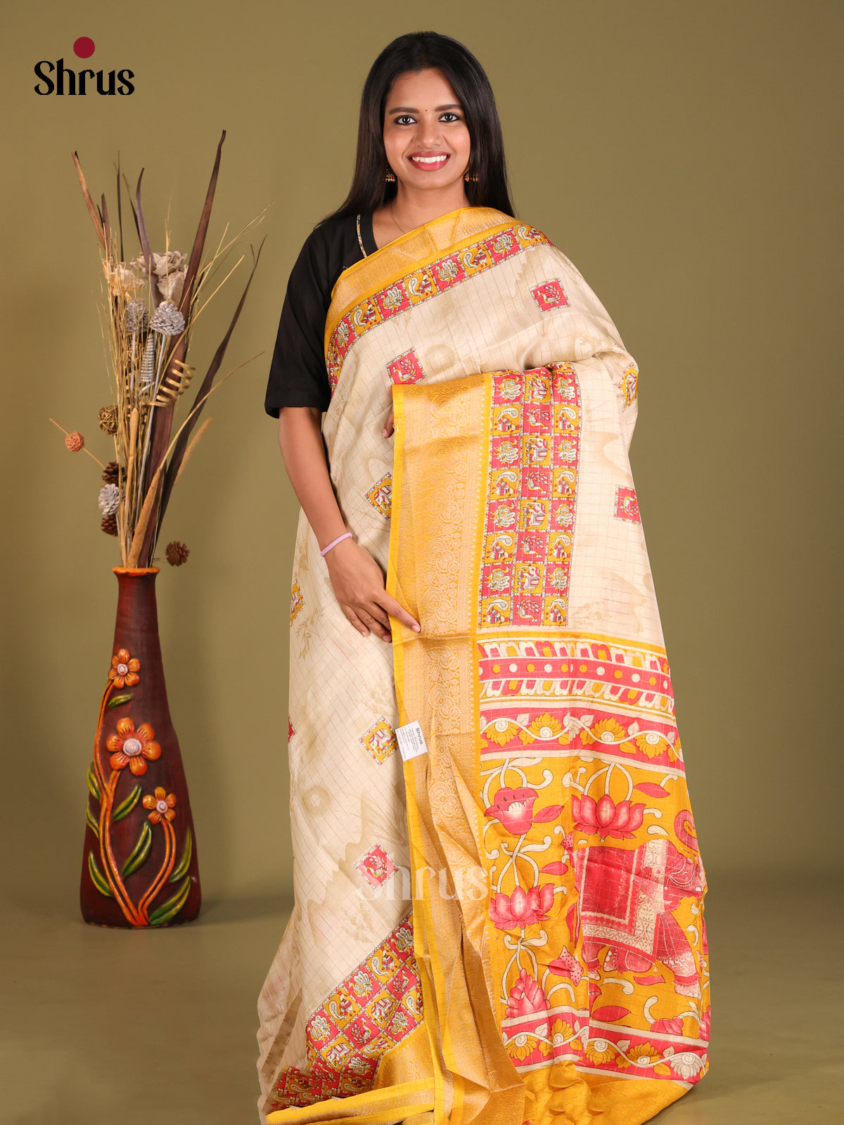 Cream & yellow - Semi Dola silk Saree - Shop on Shrus.com