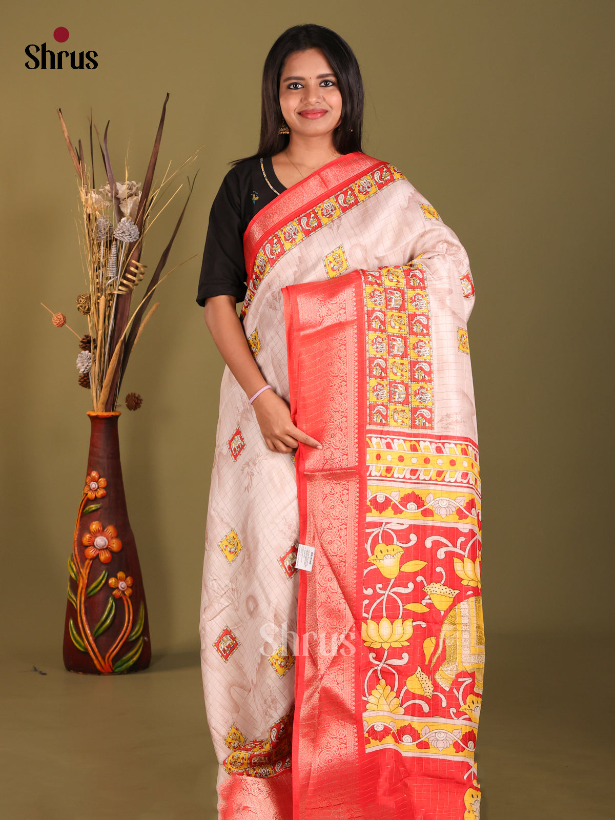 Cream & Red - Semi Dola silk Saree - Shop on Shrus.com