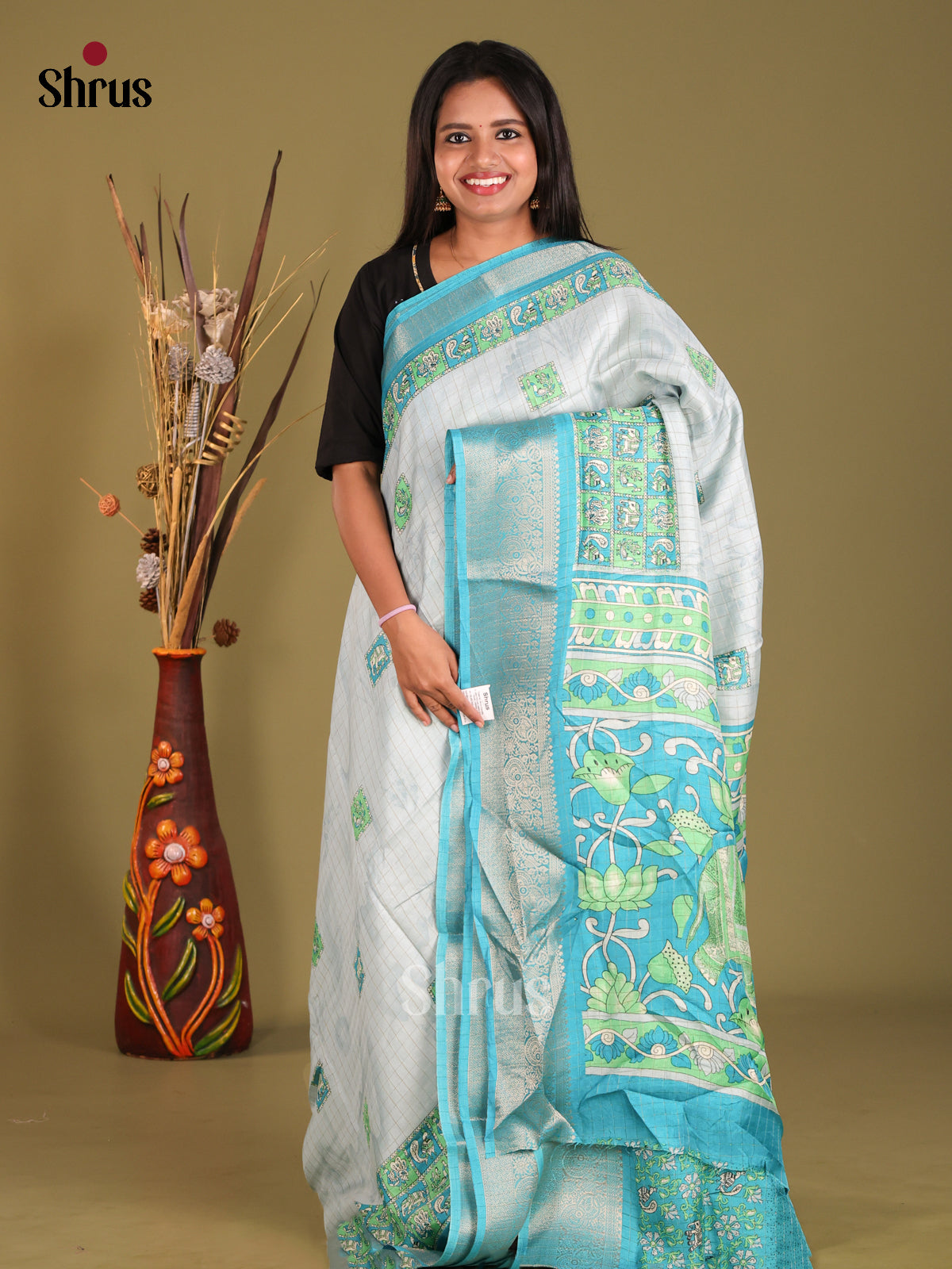 White & Blue - Semi Dola silk Saree - Shop on Shrus.com