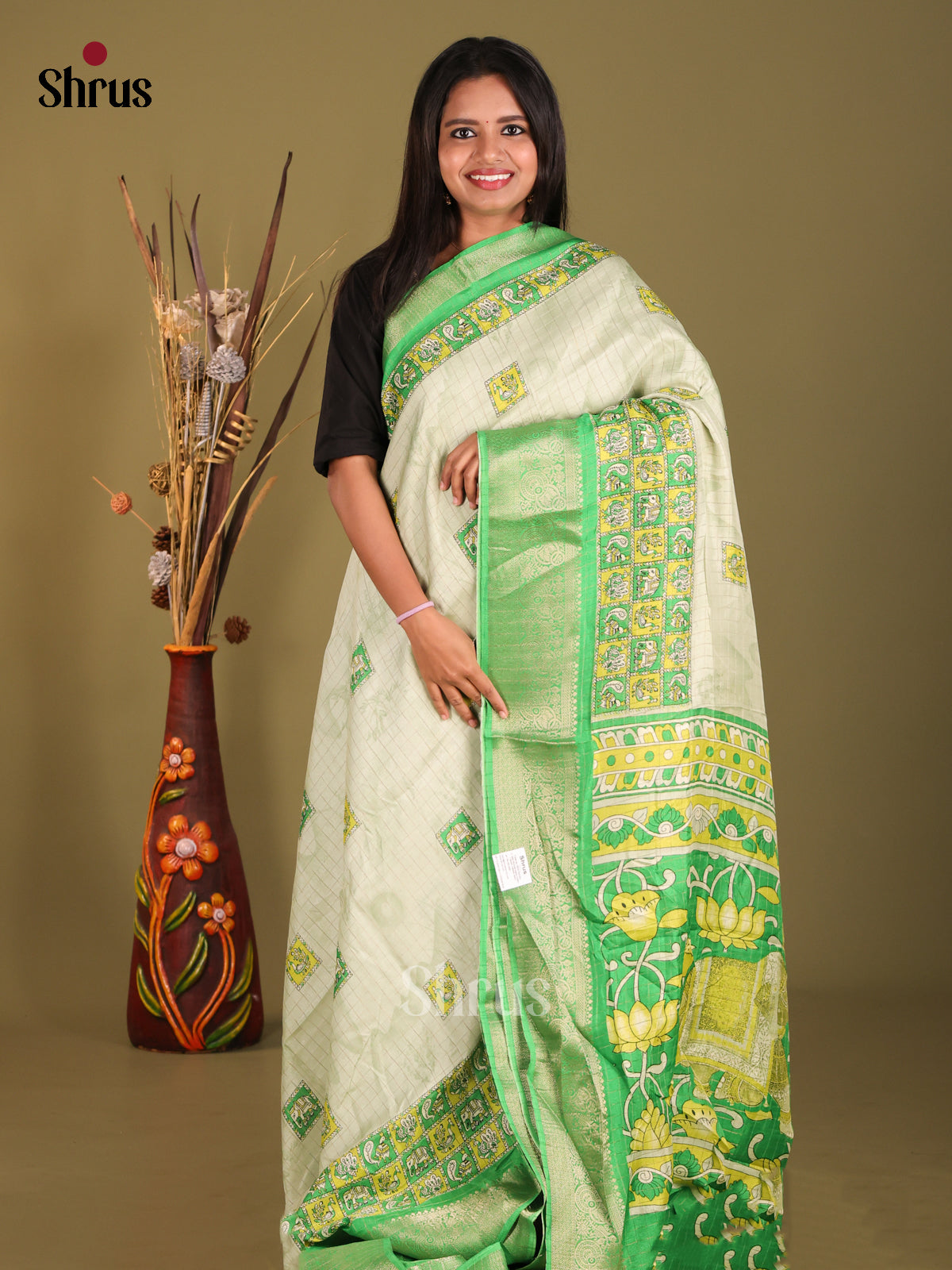 Cream & Green - Semi Dola silk Saree - Shop on Shrus.com