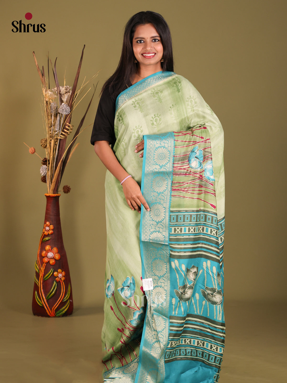 Green & Blue- Semi Dola silk Saree - Shop on Shrus.com